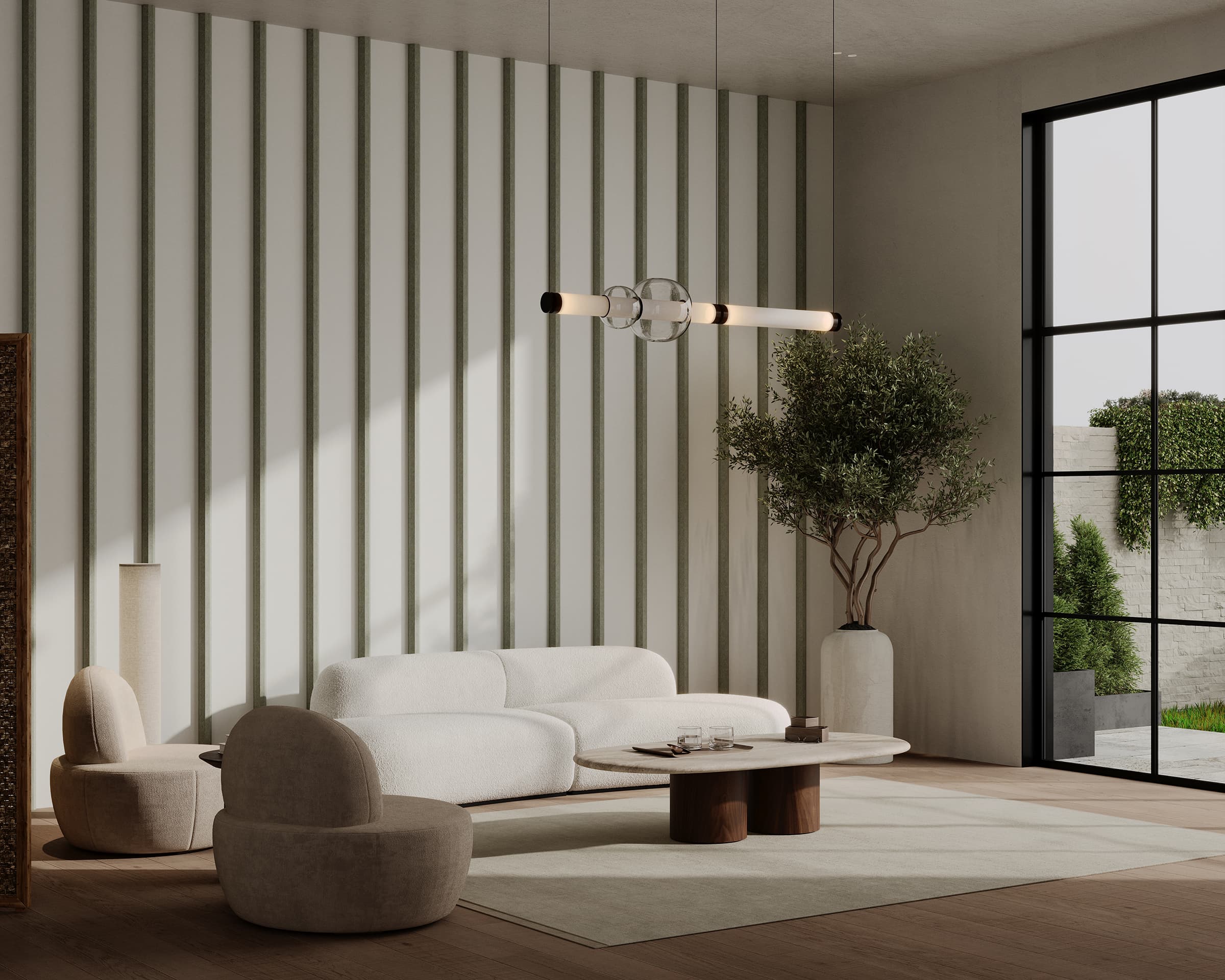 A modern, minimalist living room with a white, curved sofa and two round chairs. The room features vertical acoustic felt wall panels with seamless lines, a large window bringing in natural light, a potted tree, a low wooden coffee table, and a contemporary hanging light fixture.