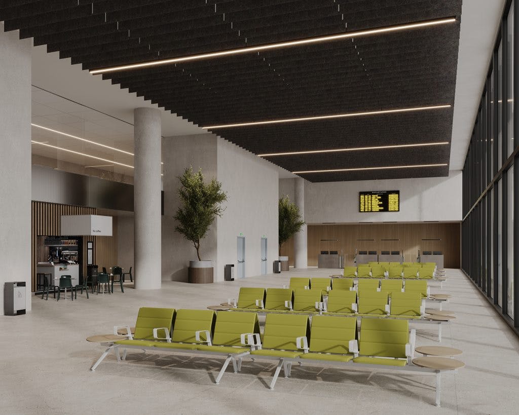 An empty airport lounge with rows of green chairs, a digital flight departure board, and tall windows on one side. The space features a minimalist design with light-colored flooring, linear ceiling baffles for acoustic sound absorption, indoor plants, and a few scattered kiosks for refreshments and check-in.