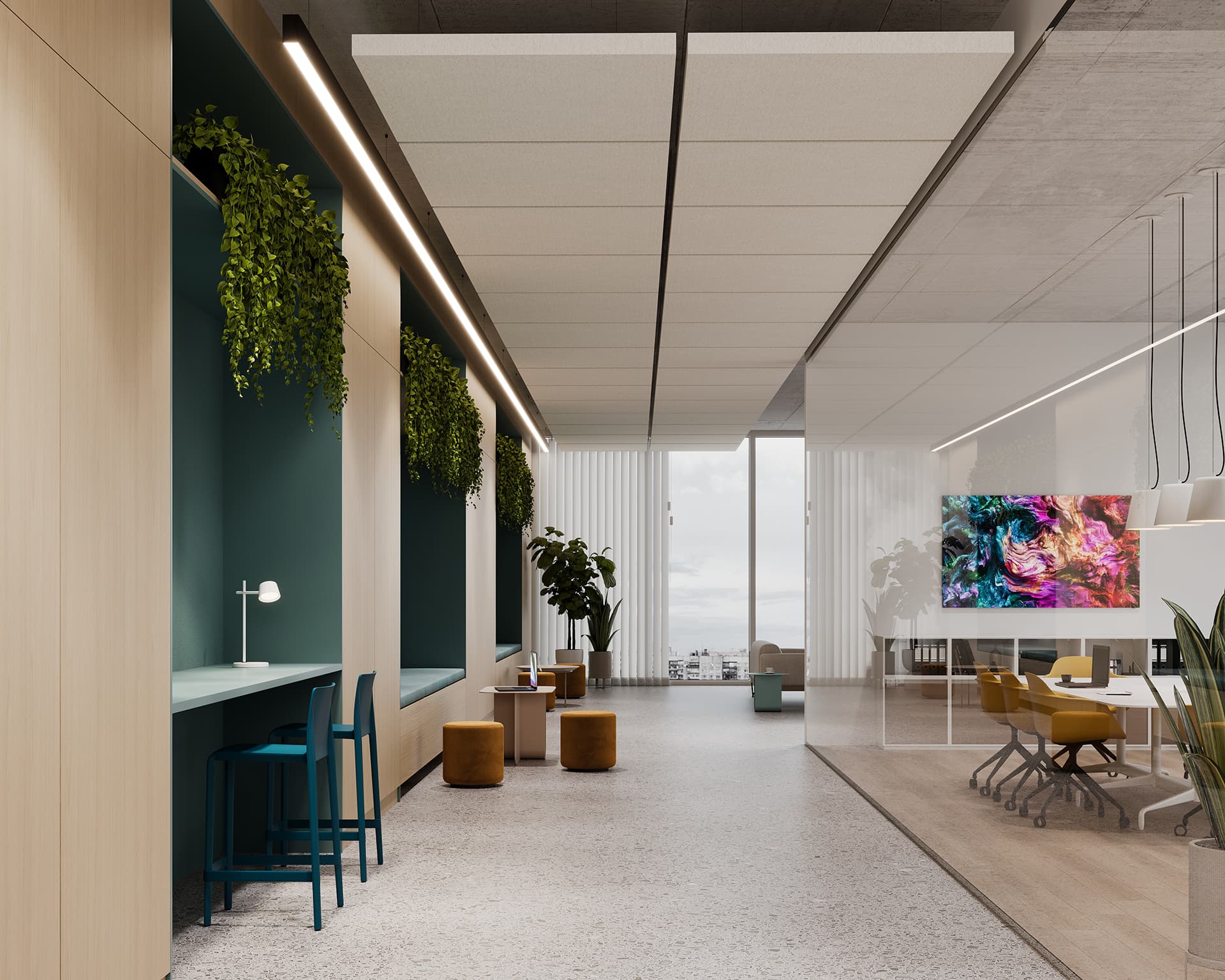 Modern office space with a vibrant, minimalist design. Features include a long hallway with green plants above workstations on the left, a conference room with a large colorful digital display on the right, and ample natural light from large windows at the back.