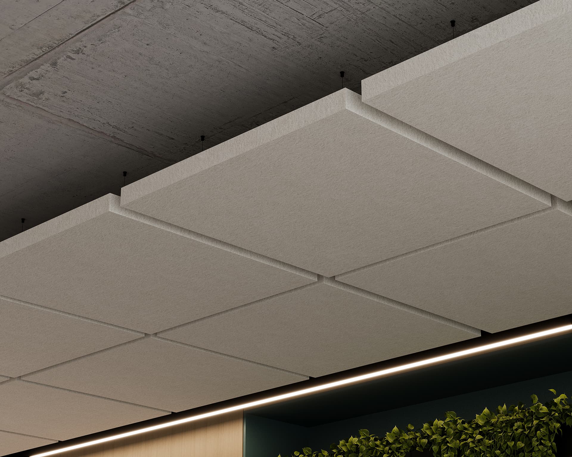 A modern ceiling design featuring large, rectangular acoustic panels in a light grey color. The panels are suspended below an exposed concrete ceiling. A wooden panel with a strip of recessed lighting and some green foliage are visible in the foreground.