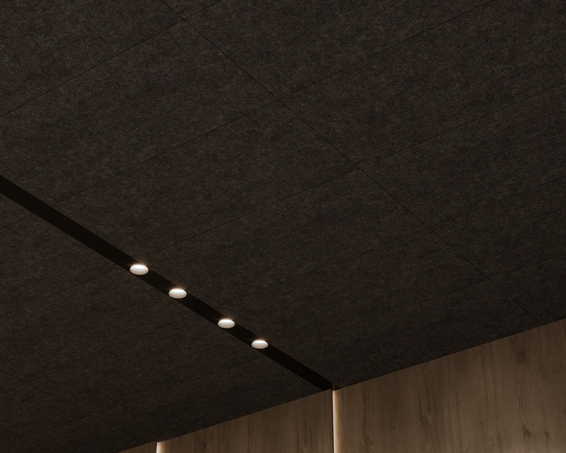 A section of a modern ceiling with dark tiles featuring a thin black strip housing four evenly spaced, round, glowing light fixtures. The bottom part of the image shows a wooden panel with vertical lines.