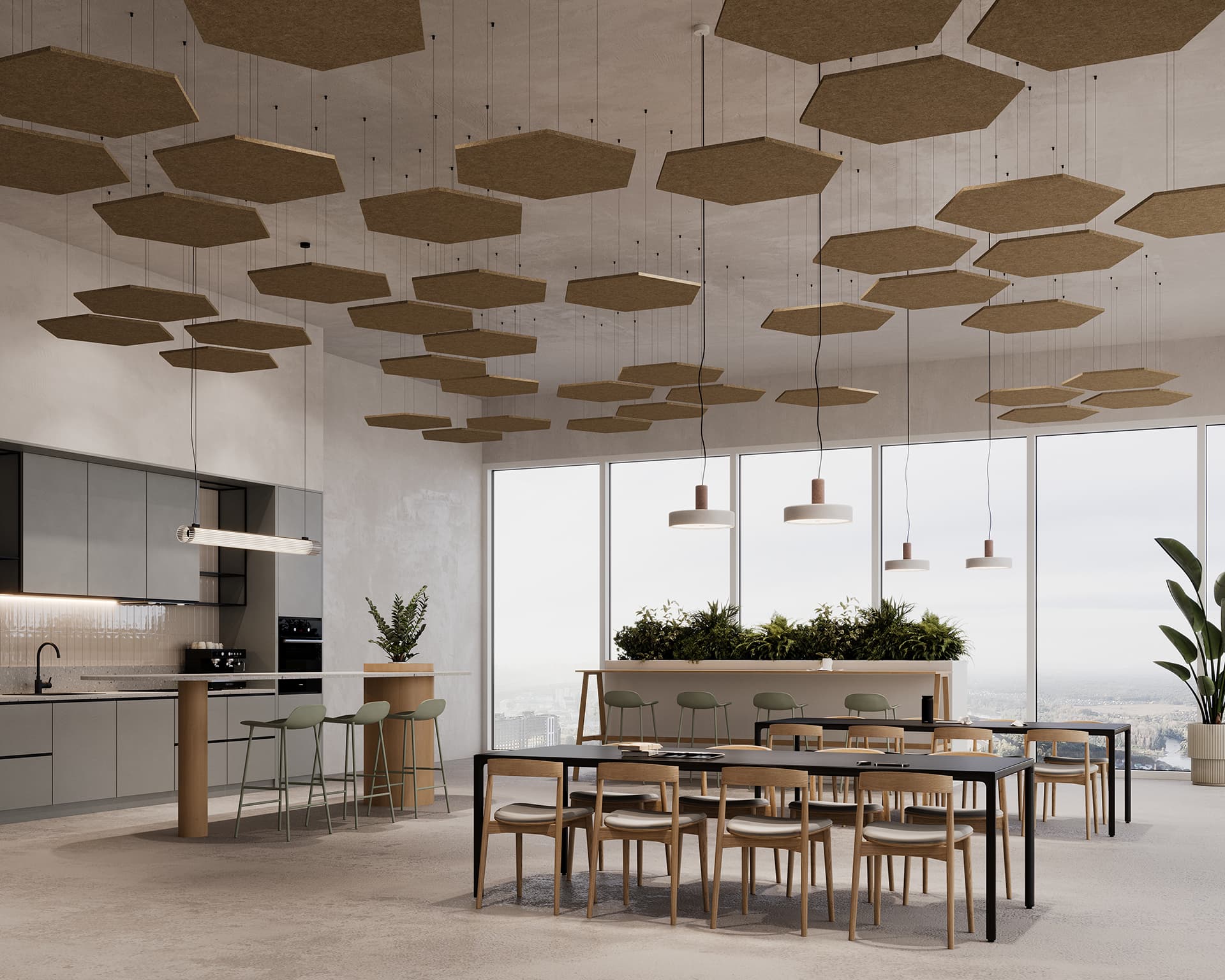 A modern office kitchen and dining area with a panoramic city view. The space features a long communal table with wooden chairs, a kitchen with grey cabinetry and appliances, hanging hexagonal ceiling panels, and tall plants in the background.