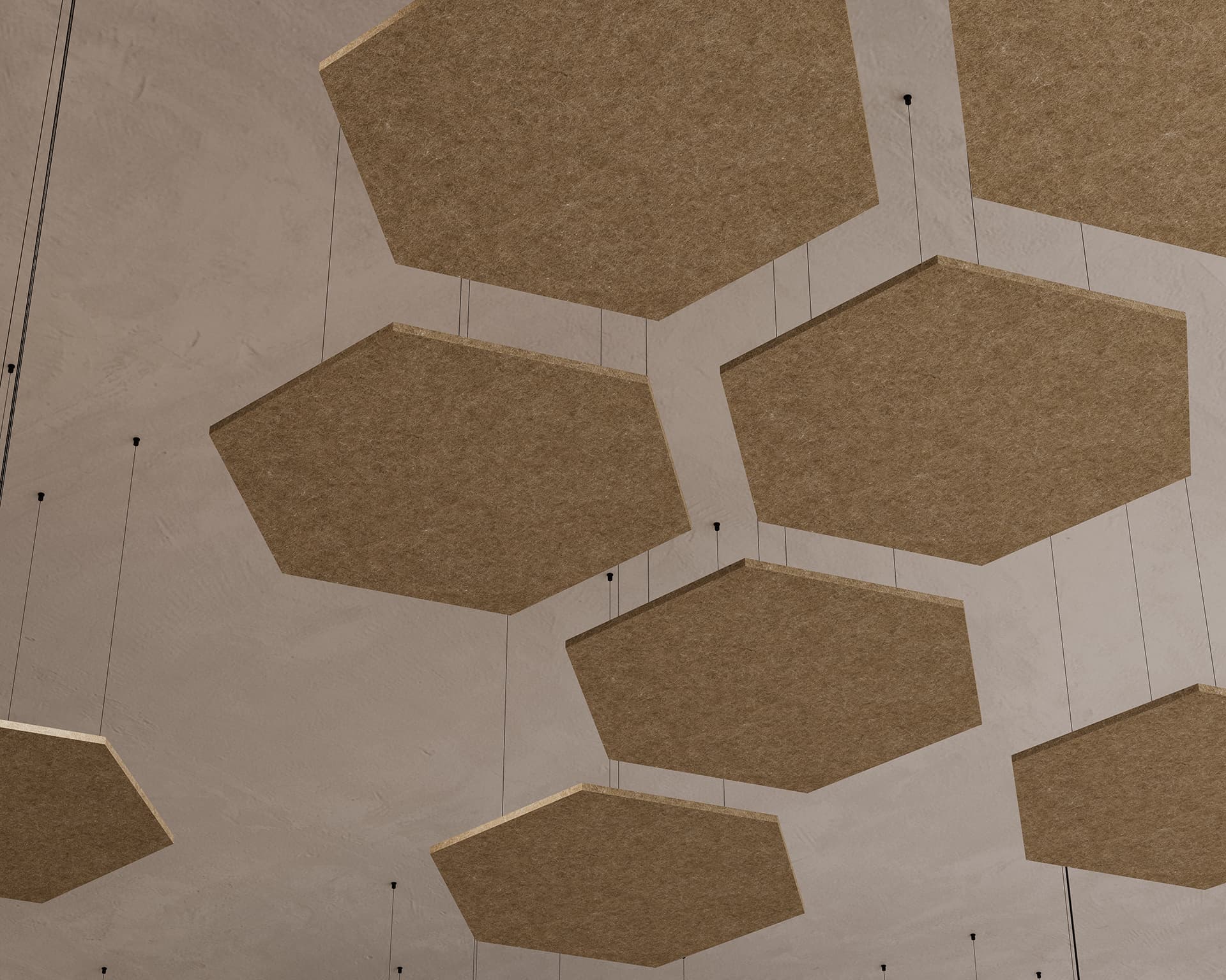 The image shows several hexagonal brown panels suspended from a ceiling. The panels are arranged in an irregular pattern and hang at various angles, creating a modern and geometric design. The ceiling itself has a rough, textured surface.