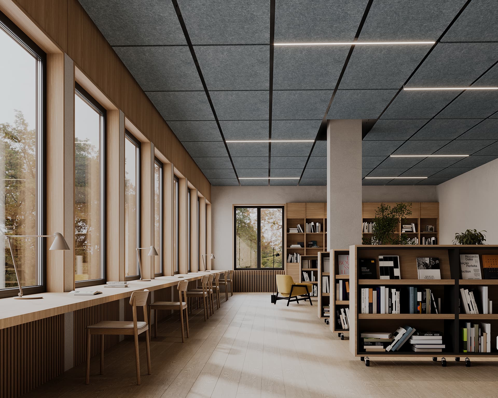 A modern library with large windows letting in natural light. Long desks with wooden chairs line the left side, while bookshelves with various books are on the right. The ceiling features contemporary lighting set into acoustic rectangle clouds, and there are plants adding a touch of greenery.