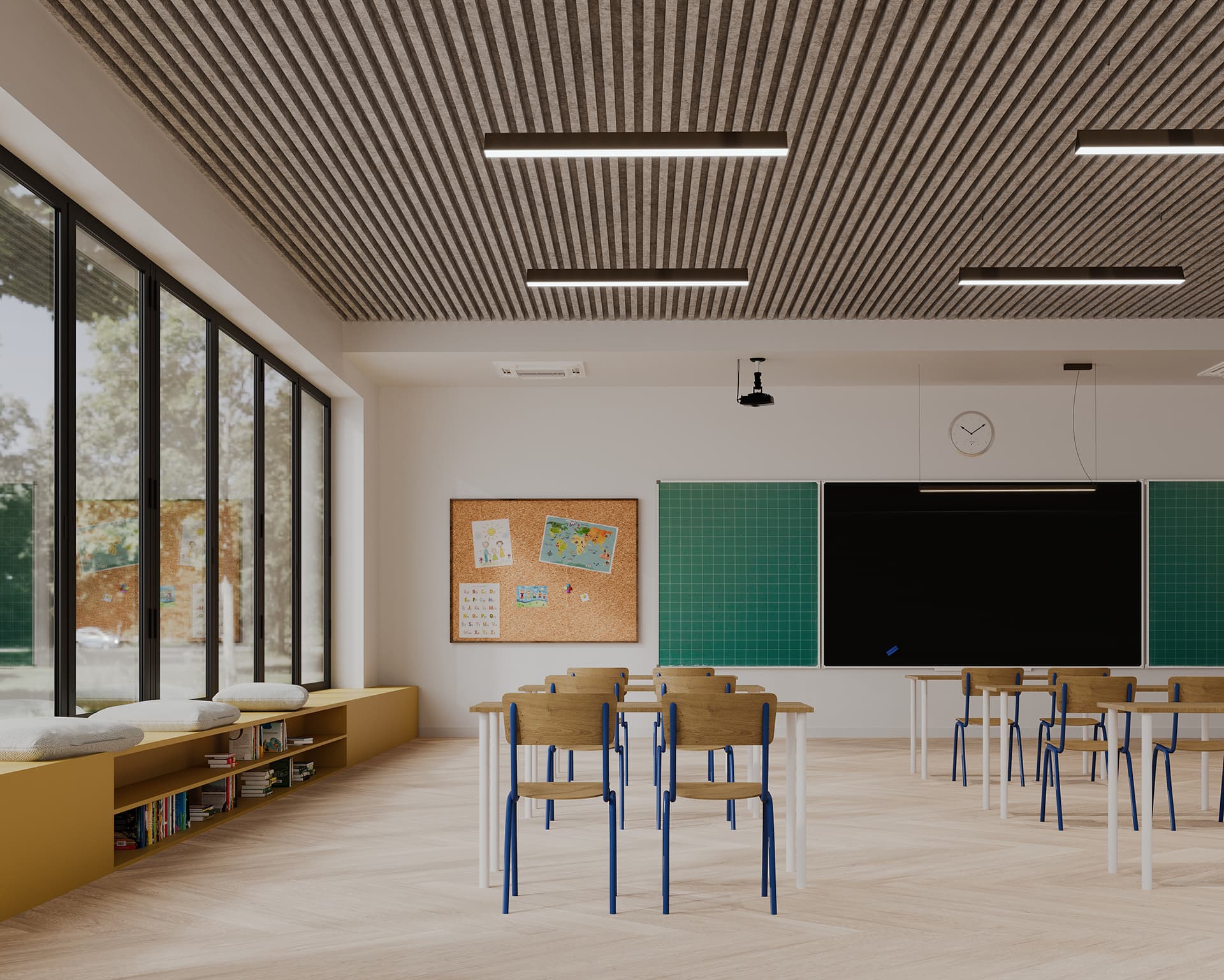 A modern classroom with large windows on one side, wooden desks and blue chairs arranged in rows, a blackboard and green corkboard on the front wall, and a clock above the blackboard. The ceiling has a gray, ribbed texture with hanging lights, and the floor is light wood.