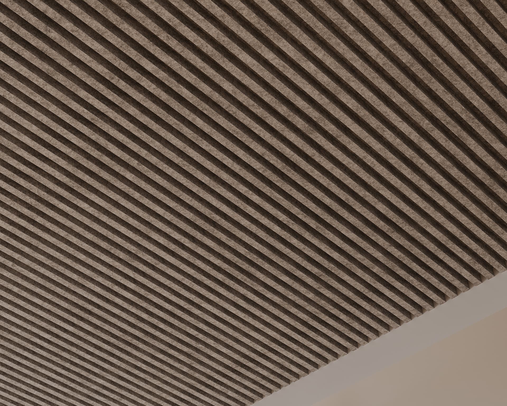 The image shows a close-up view of a ceiling with a pattern of evenly spaced, parallel wooden slats. The slats create a rhythmic, textured look, and the color of the wood is a natural, light brown. The ceiling design appears modern and stylish.