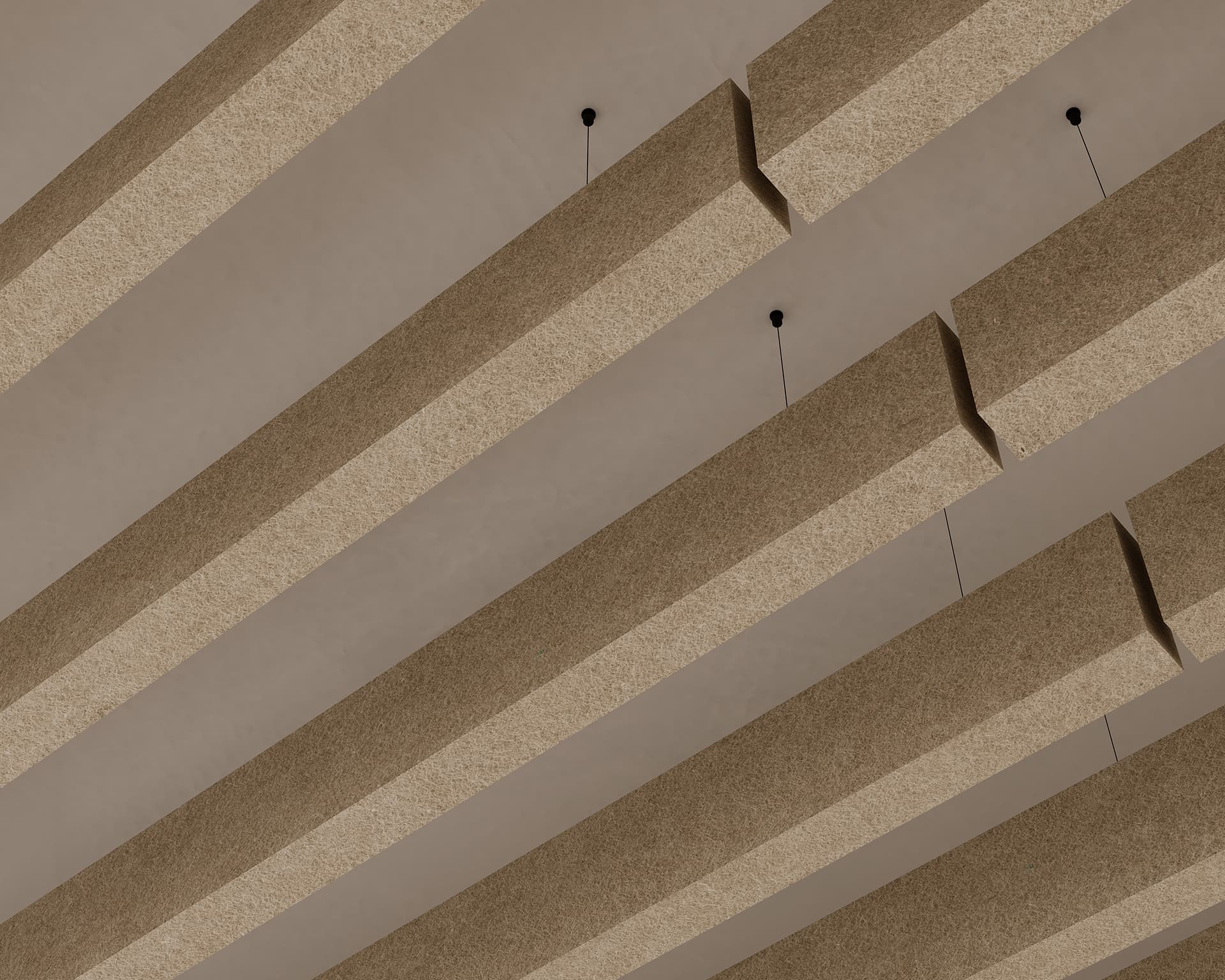 A close-up view of a modern ceiling featuring evenly spaced, parallel acoustic felt baffles. The overall design is minimalistic and geometric, emphasizing clean lines and neutral tones.