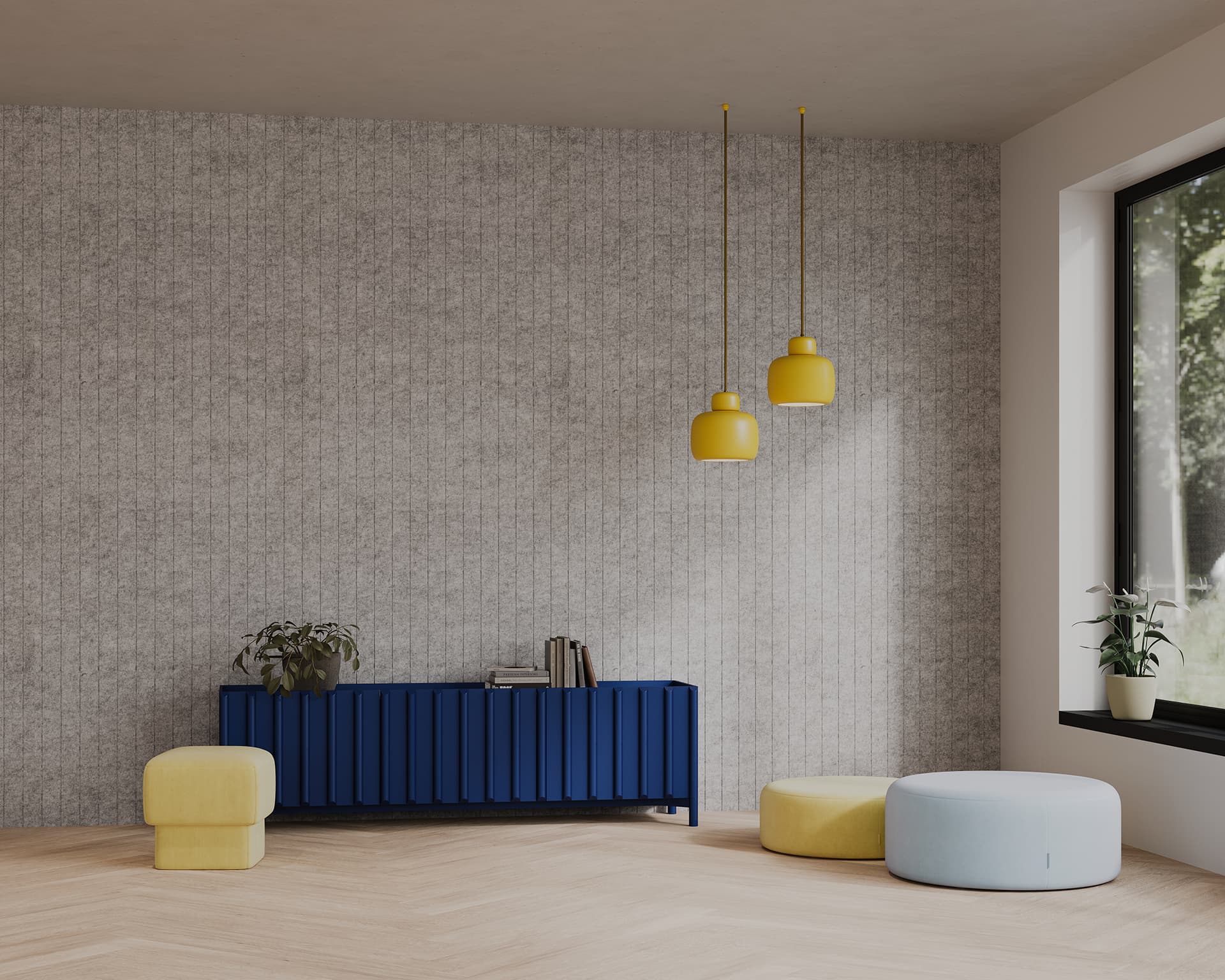 A minimalist living room with a small blue sideboard, decorated with plants and books, against a light gray textured acoustic felt wall. Two yellow pendant lights hang above. Yellow and light blue poufs are placed on the wooden floor near a large window.