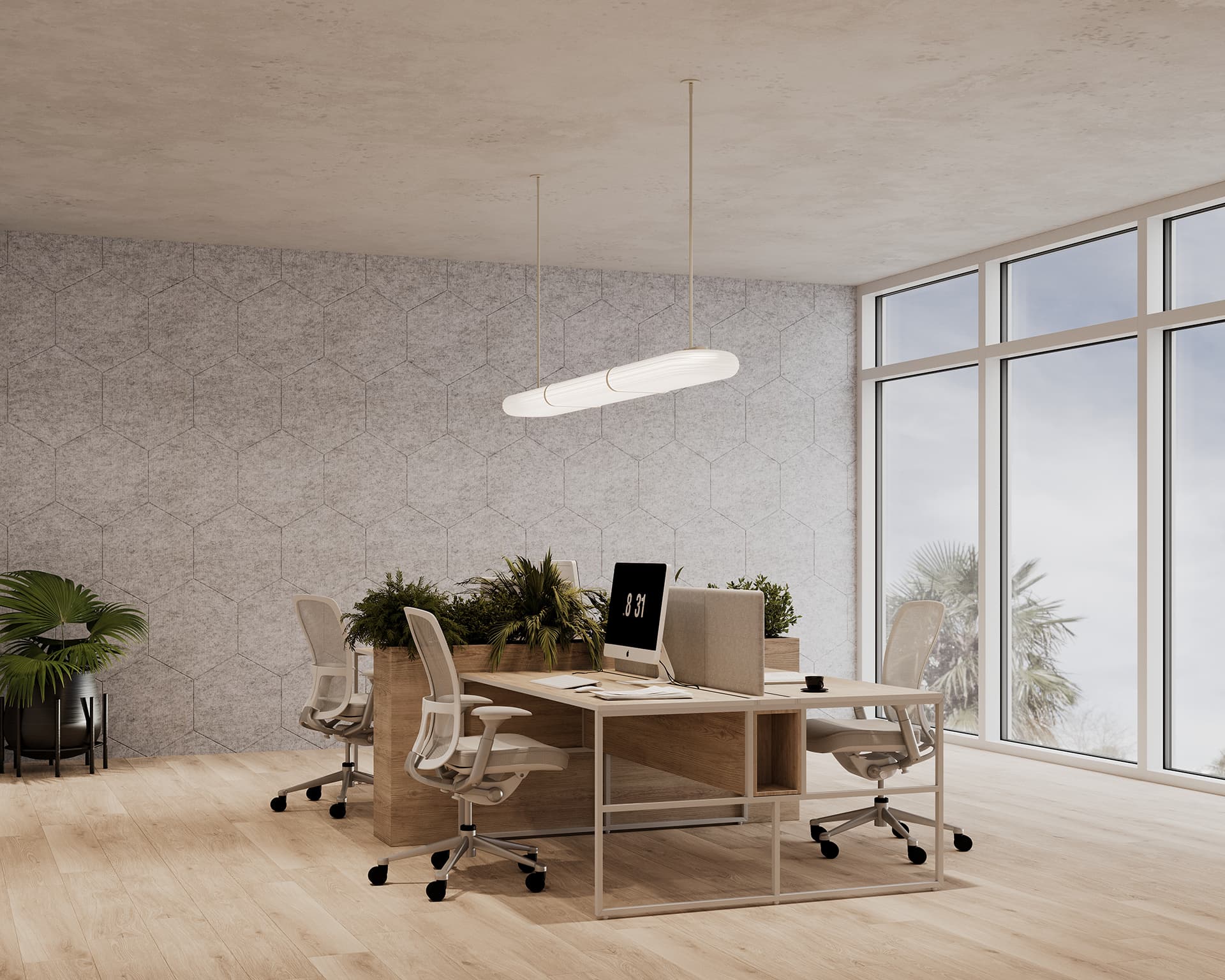 A modern office space with a large window showcasing a serene outdoor view. The office has a light wood desk with two computers, surrounded by ergonomic chairs. Potted plants, an acoustic felt accent wall, and contemporary lighting enhance the minimalist aesthetic.