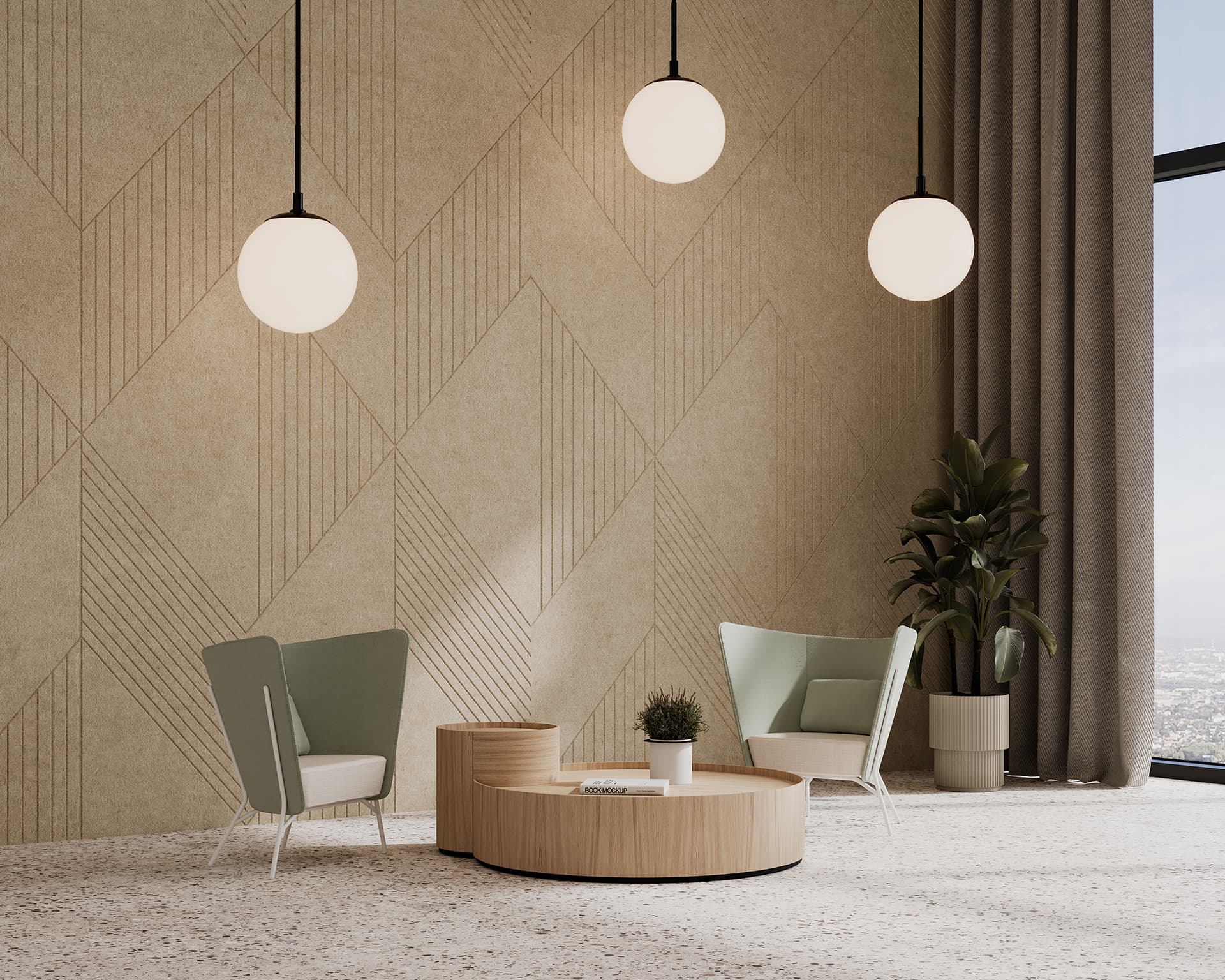 A modern, minimalist living area with geometric beige acoustic felt wall. It features two light green armchairs, a round wooden coffee table with decor, and three spherical pendant lights. There's a large potted plant near a tall window with a city view outside.