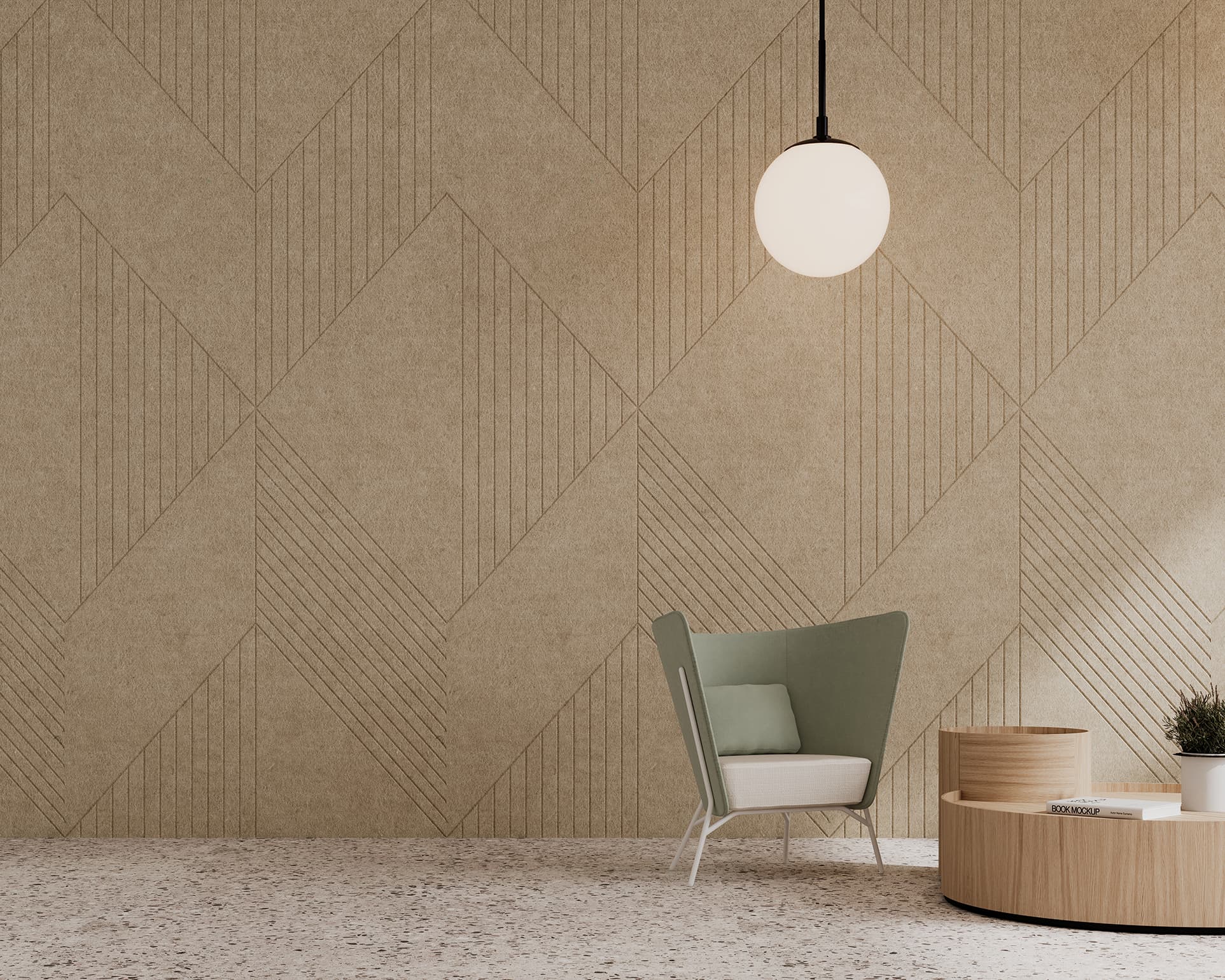 A minimalist room featuring a textured geometric acoustic felt wall in neutral tones, a modern light green and white chair, a circular wooden coffee table, and a spherical pendant light. The floor is speckled with terrazzo-style tiles. Natural light casts soft shadows.