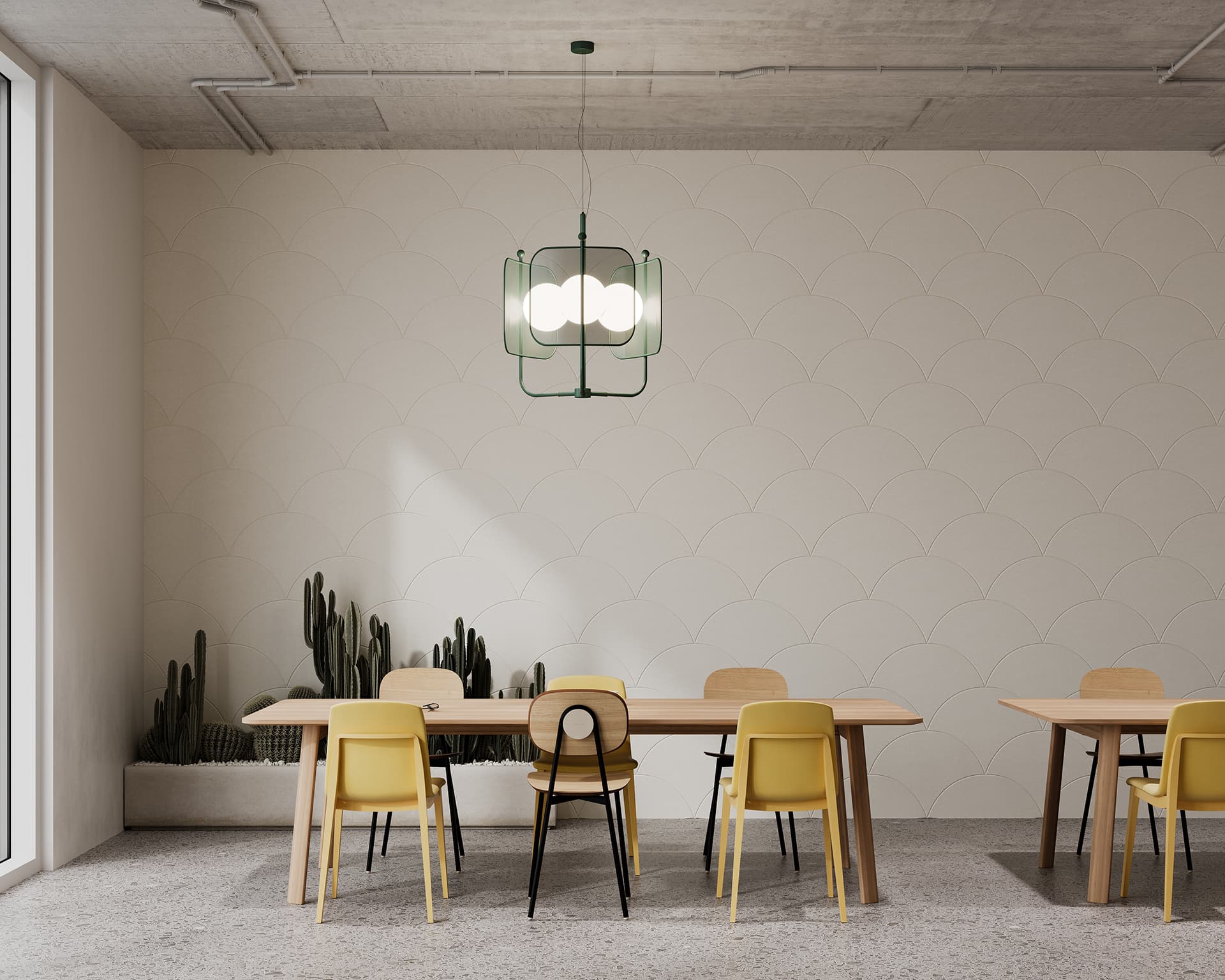 A modern dining space features two wooden tables with a mix of yellow and wooden chairs against a light beige acoustic wall with a scale pattern. A unique overhead lamp hangs above, and a row of cacti is planted against the wall, adding a touch of greenery.