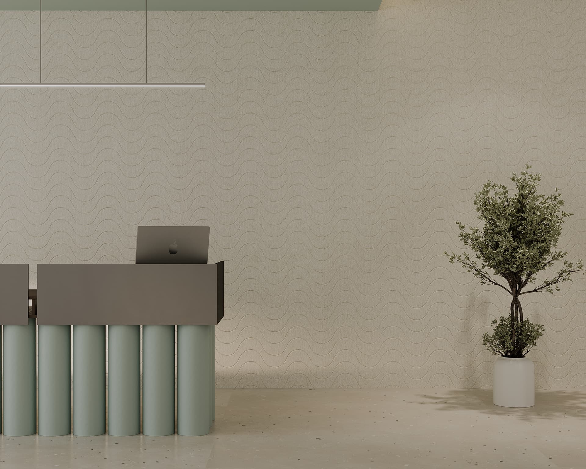 Modern reception desk in a minimalist setting with light green and grey tones, featuring a wavy acoustic pattern wall, a sleek pendant light, a potted tree in the corner, and a grey laptop on the desk. The overall ambiance is calm and professional.