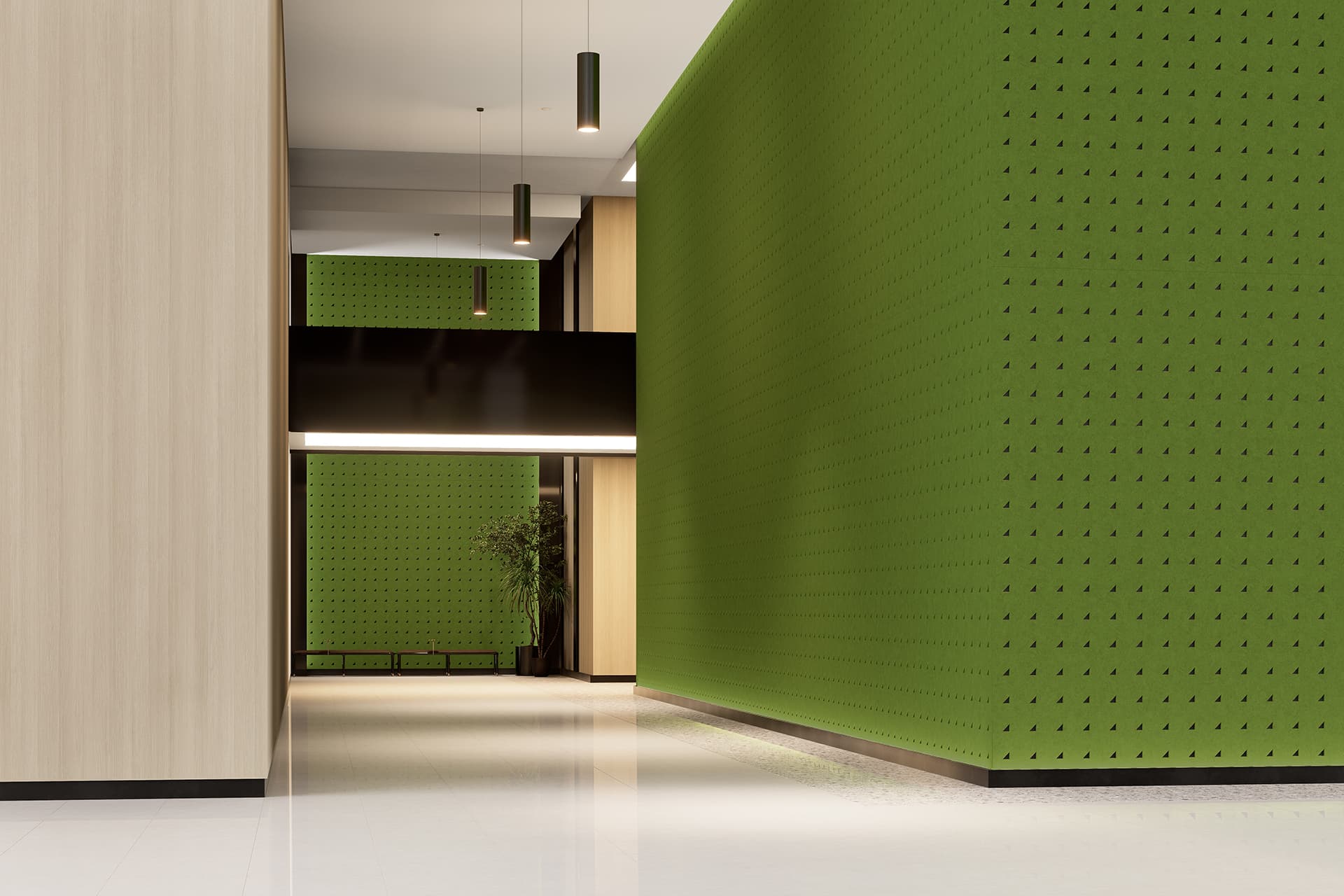 A modern, minimalistic lobby with high ceilings, light wood paneling, green acoustic textured walls, polished white floor tiles, and pendant lights hanging from the ceiling. A plant is visible in the background near the green wall.