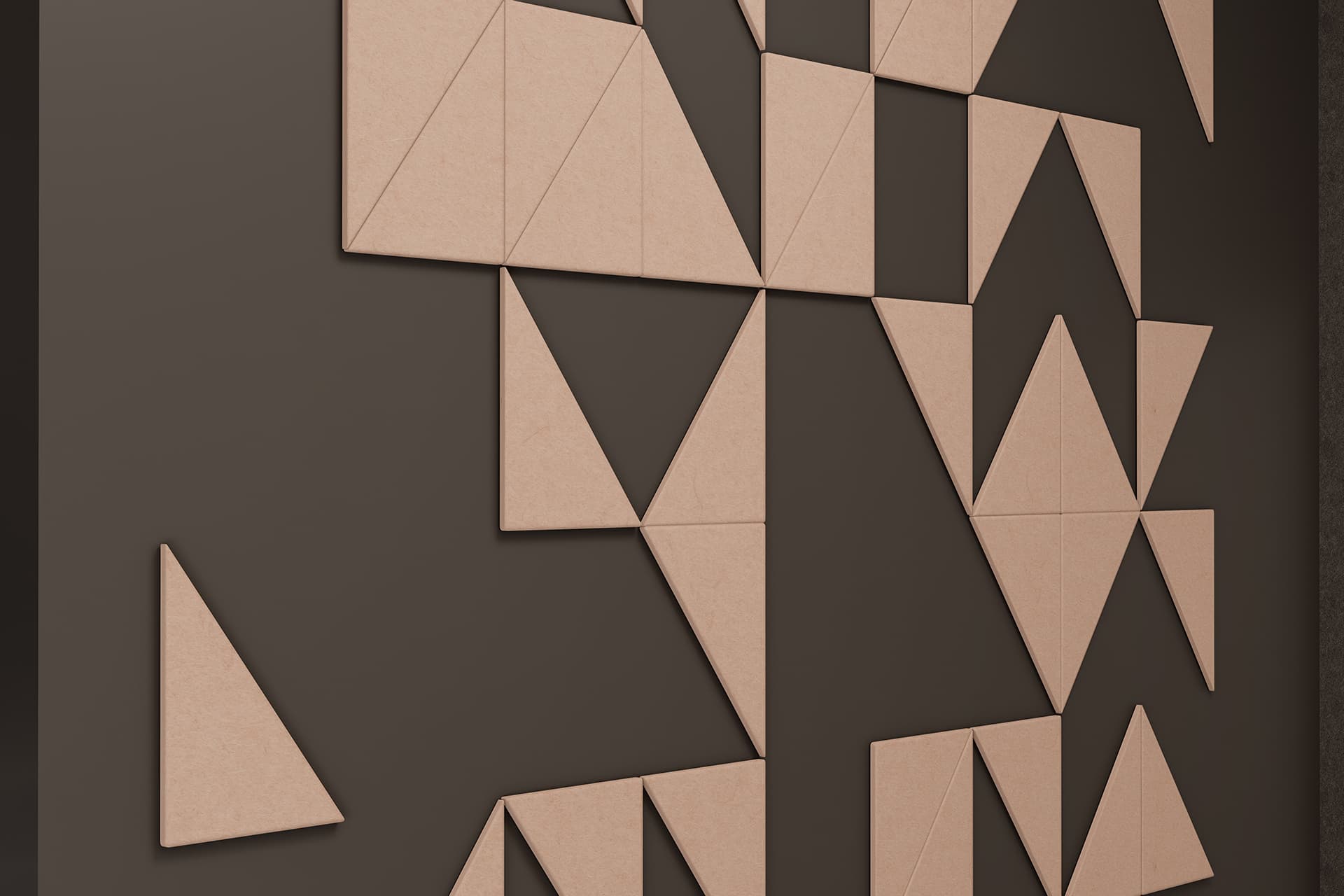 A geometric wall art installation featuring various triangular and quadrilateral wooden panels arranged in an abstract pattern on a dark background. The shapes are natural wood tones, contrasting with the dark wall.