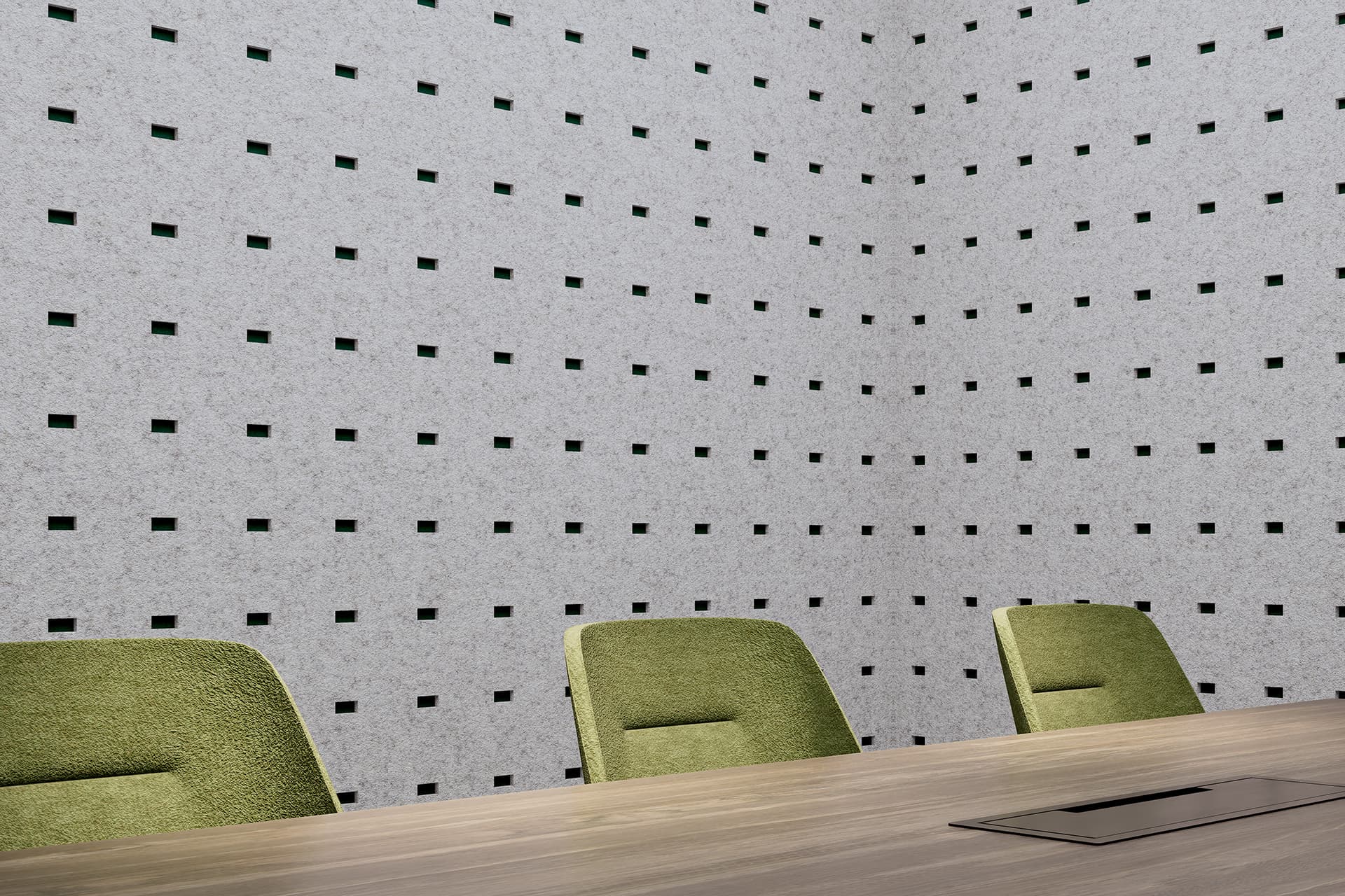 A modern meeting room features a wooden conference table with three green upholstered chairs. The walls are covered in a minimalist design with a grid of square acoustic felt cutouts, offering a clean and contemporary aesthetic.