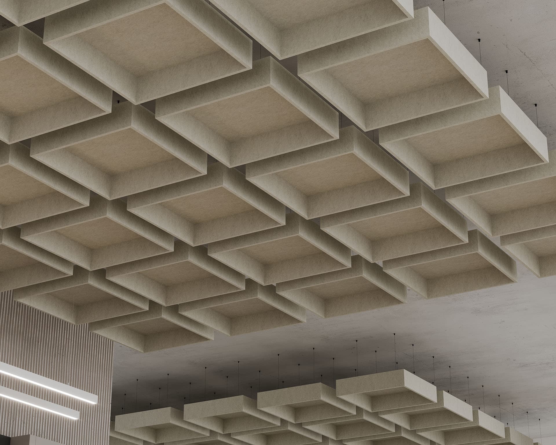 The image shows a modern ceiling design featuring a grid of square sound-absorbing panels. The panels are suspended, creating an architectural pattern that adds both aesthetic and acoustic benefits to the space. A vertical wooden slat wall is partially visible on the left side.