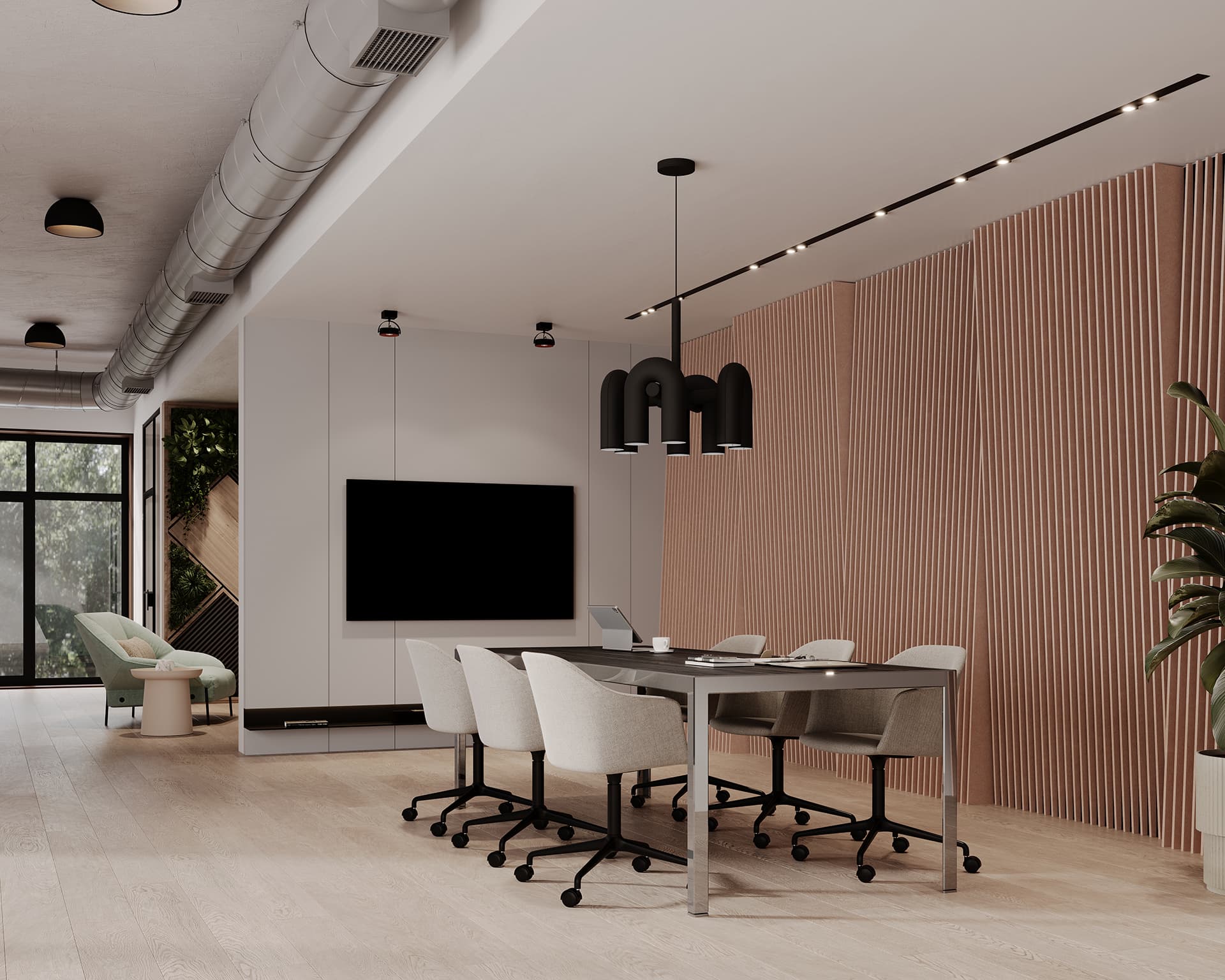 A modern conference room features a long table with six chairs on wheels. A large flat-screen TV is mounted on the wall opposite the table. The room has wooden floors, a slatted acoustic felt panel accent wall, and large windows letting in natural light.