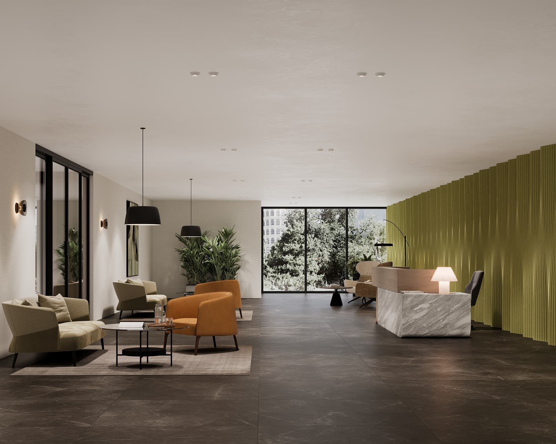 A modern, spacious lobby with stylish furniture including beige, yellow, and brown chairs, and a large marble reception desk with a lamp. Large windows allow natural light, showing trees outside. Green accent wall on the right and potted plants add to the decor.