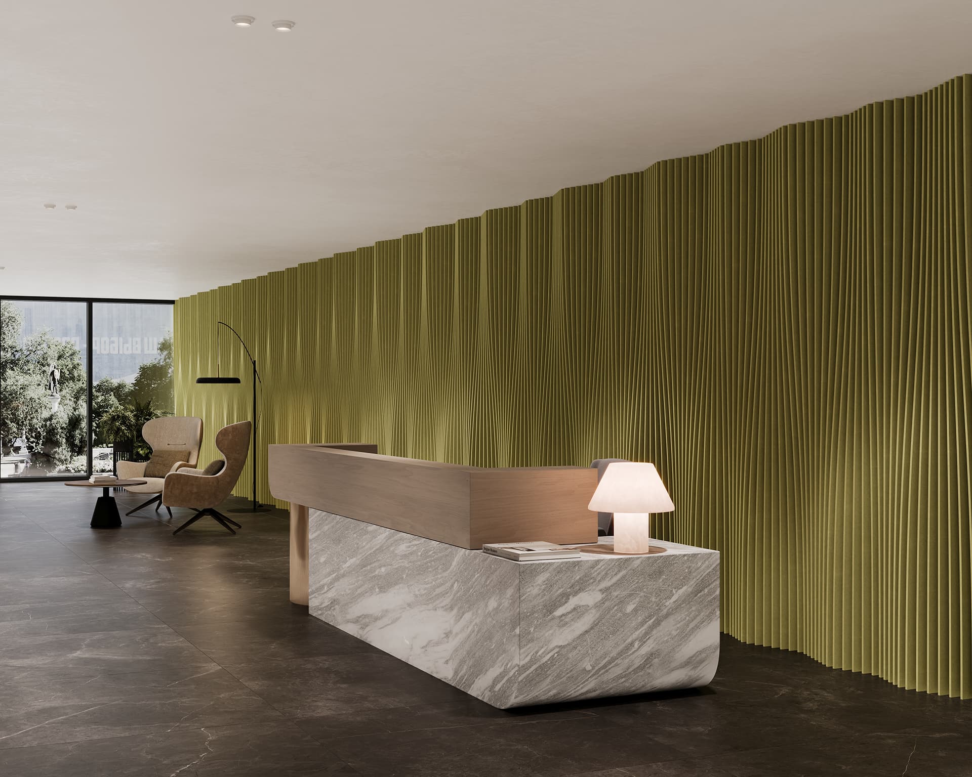 A modern lobby features a reception desk with a marble base and wooden top. A small lamp sits on the desk. The wall behind the desk has a wavy, mustard-yellow textured design. There is a seating area with chairs, a floor lamp, and large windows, bringing in natural light.