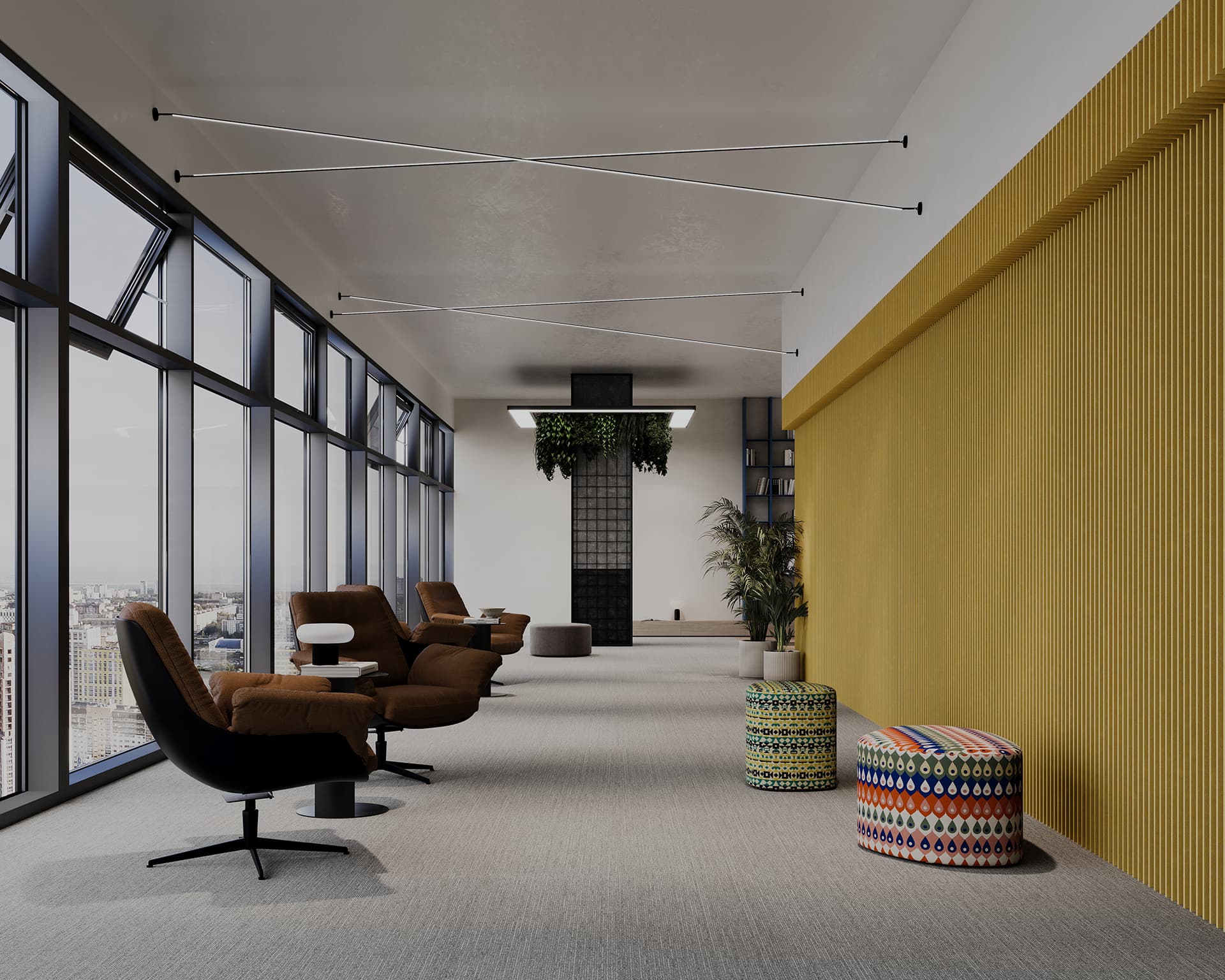 A modern lounge area with large windows offering a city view. The space features brown armchairs, a small white table, colorful patterned stools, and a textured acoustic felt wall panel. Ceiling lights and indoor plants enhance the contemporary design, providing a soothing atmosphere ideal for recovering from an injury.