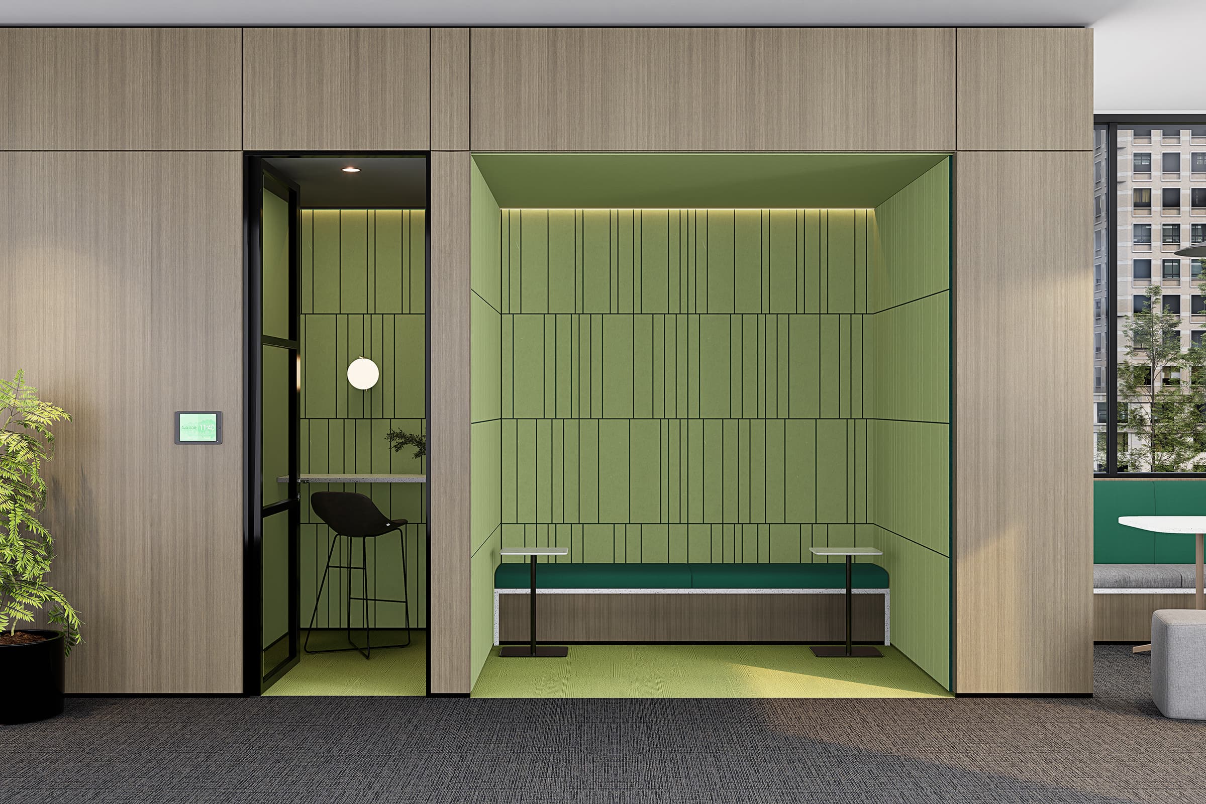 A modern office space with wooden paneling. The left part features a small room with a bar stool and a round mirror, and the right part contains a green meeting nook with vertical acoustic felt panel designs, a bench, and a table. There's a potted plant in the foreground.