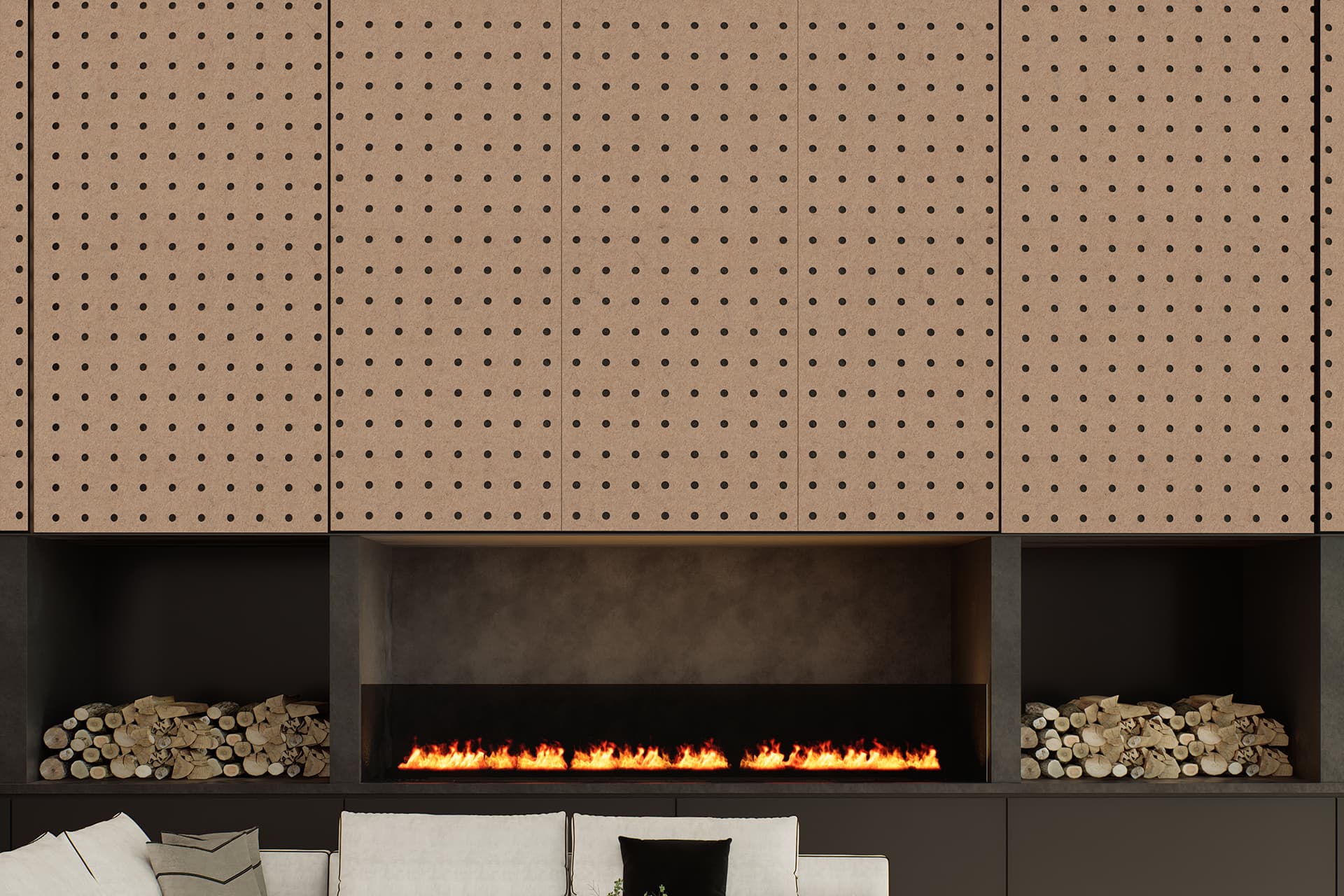 A modern living room featuring a large fireplace. Above the fireplace is an acoustic felt wall with a perforated circle design. The fireplace has a sleek, black frame with stacked logs in storage spaces on either side, and a white couch with decorative pillows is partially visible at the bottom.