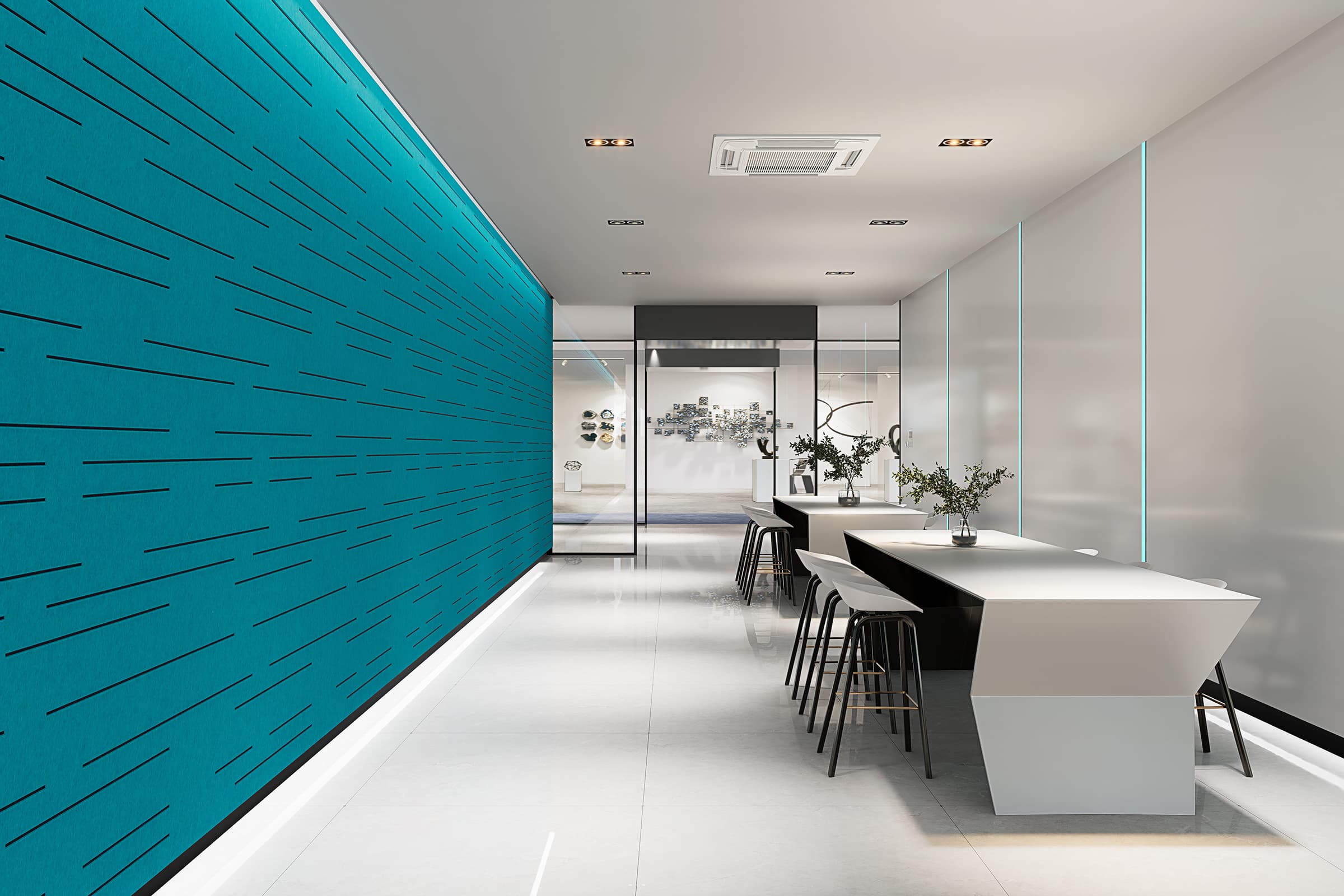 A modern office meeting area with a long table and black stools. The space features sleek white walls, a bold turquoise accent acoustic felt wall with black lines, and minimalistic decor, including potted plants on the table. The far end has a glass door and an illuminated display.