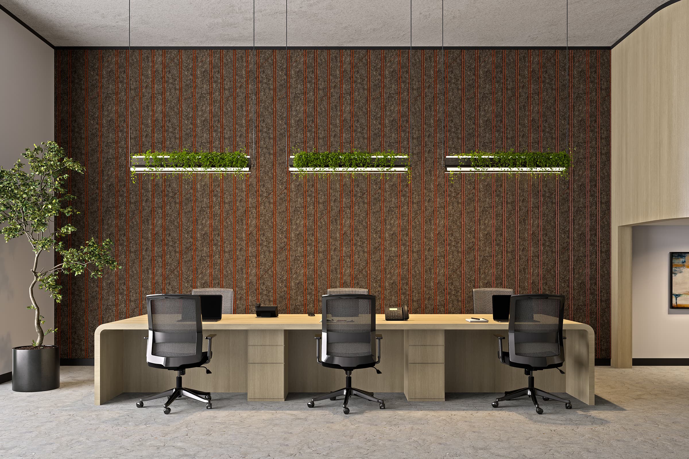 Modern office space with a large wooden desk featuring four black mesh swivel chairs. Behind the desk, a textured acoustic felt wall is decorated with three horizontal green plant installations. A potted tree stands to the left, and a cabinet is on the right.