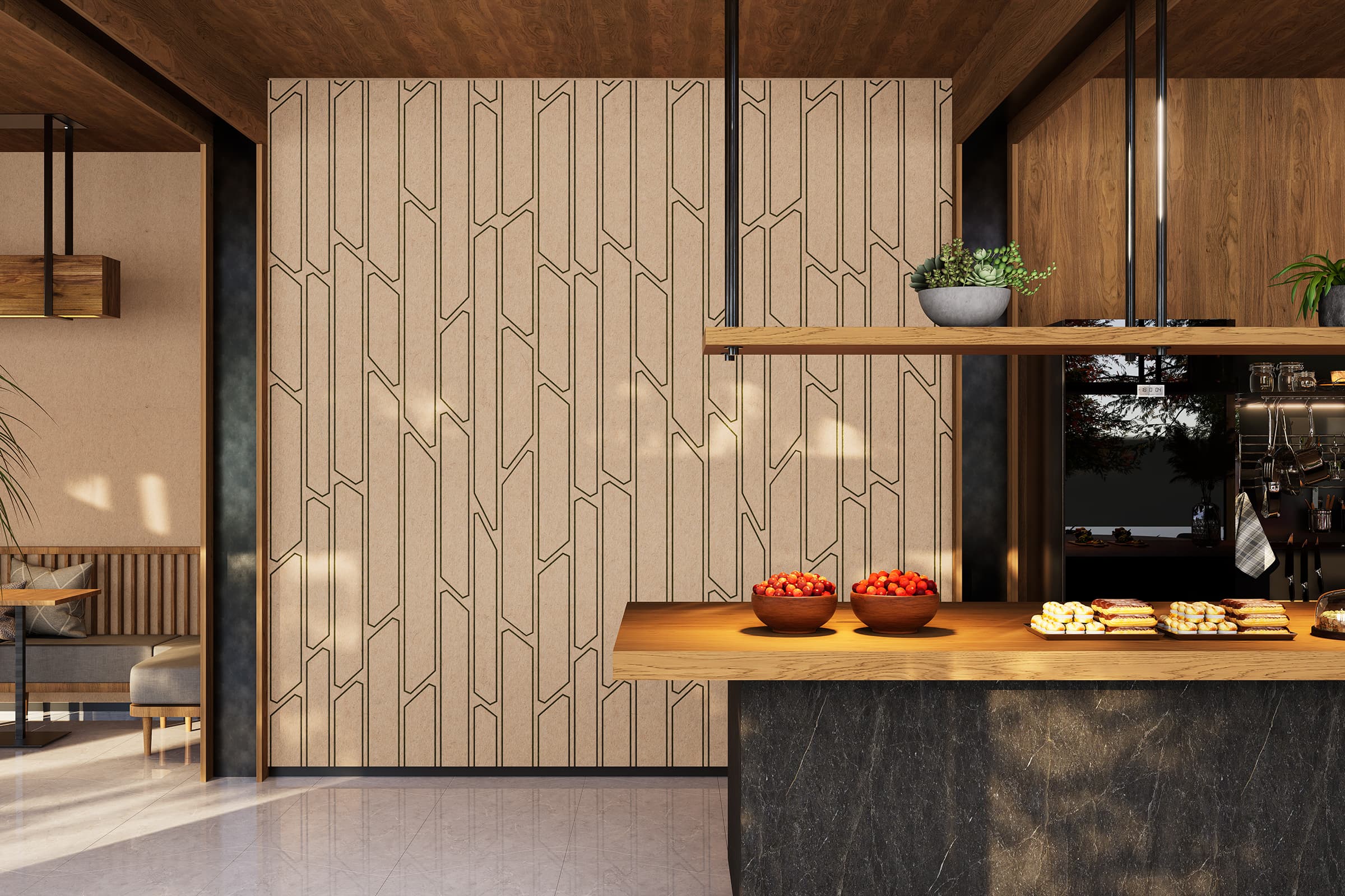 A modern kitchen interior featuring a long countertop with bowls of red apples and trays of bread. Behind the counter is a patterned acoustic felt wall with geometric designs. There is a wooden ceiling and pendant lights, with plants and shelving adding decorative touches.