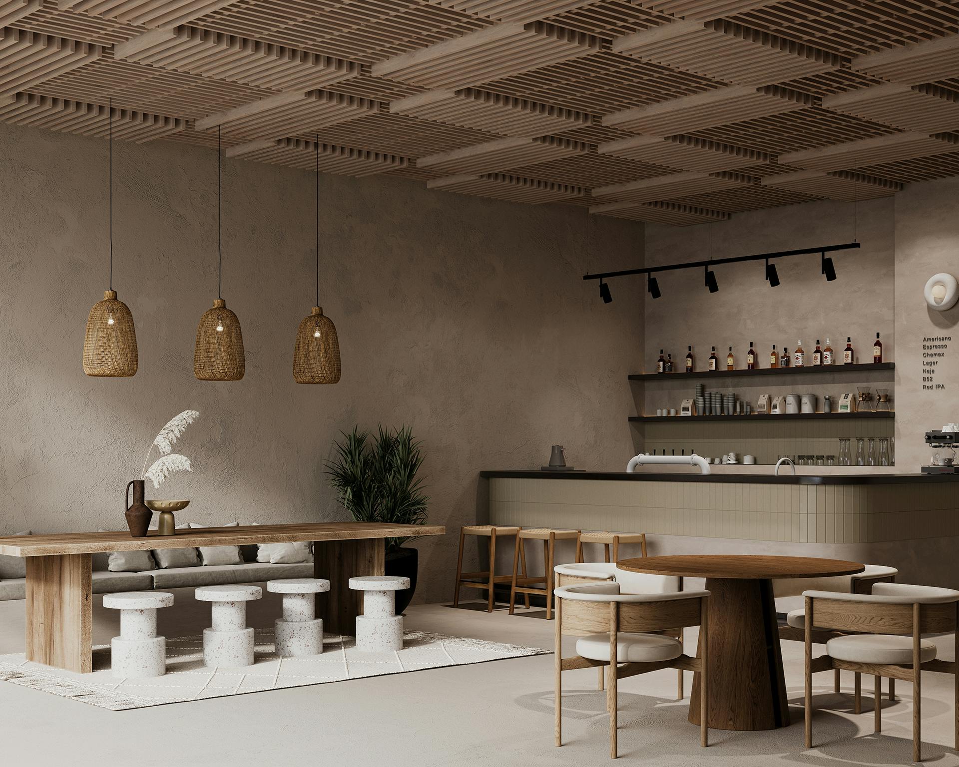 A modern, stylish cafe features a acoustic felt slatted ceiling and minimalist decor. It includes a long table with stools, a round table with chairs, wicker pendant lights, a bar area with a counter, shelves with bottles, and a small plant on the side.