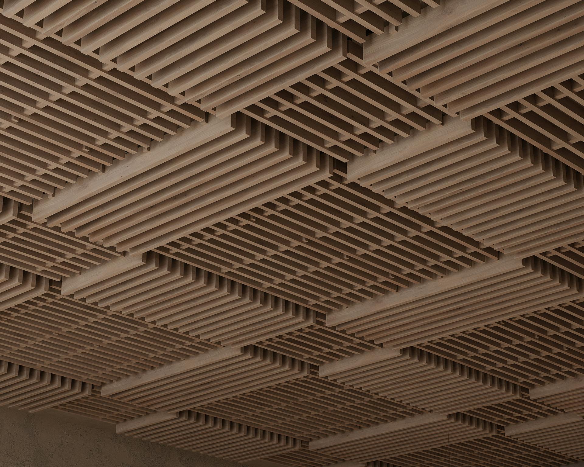 A close-up view of a geometric acoustic felt ceiling design featuring a series of interlocking slats arranged in a square grid pattern. The wood has a natural finish, and the ceiling appears intricate and architecturally modern.