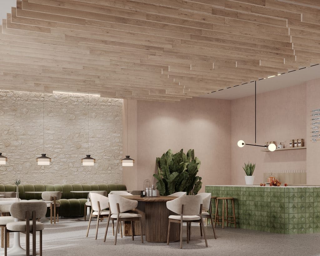 A modern café interior featuring an acoustic felt slat ceiling, light pink and tan walls, a green tiled counter with bar stools, and a mix of green cushioned booth seating and beige upholstered chairs around wooden tables. Potted plants add a touch of greenery.