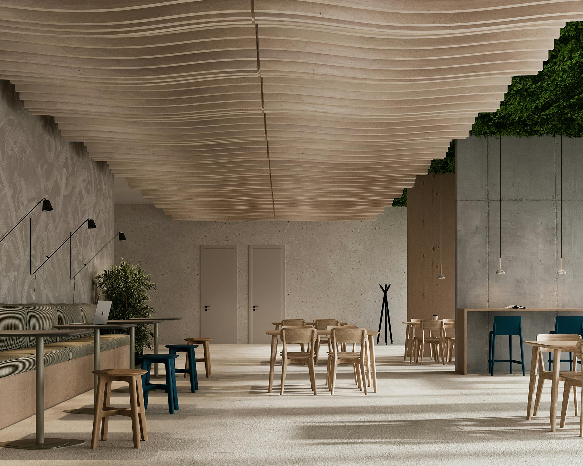 Modern, minimalist interior of a spacious cafe or co-working space with wooden ceiling panels and billow acoustic felt ceiling baffles, light wooden tables and chairs, a mix of wall and overhead lighting, and green plants adding a touch of nature. Walls feature geometric patterns, and a bar area is visible.