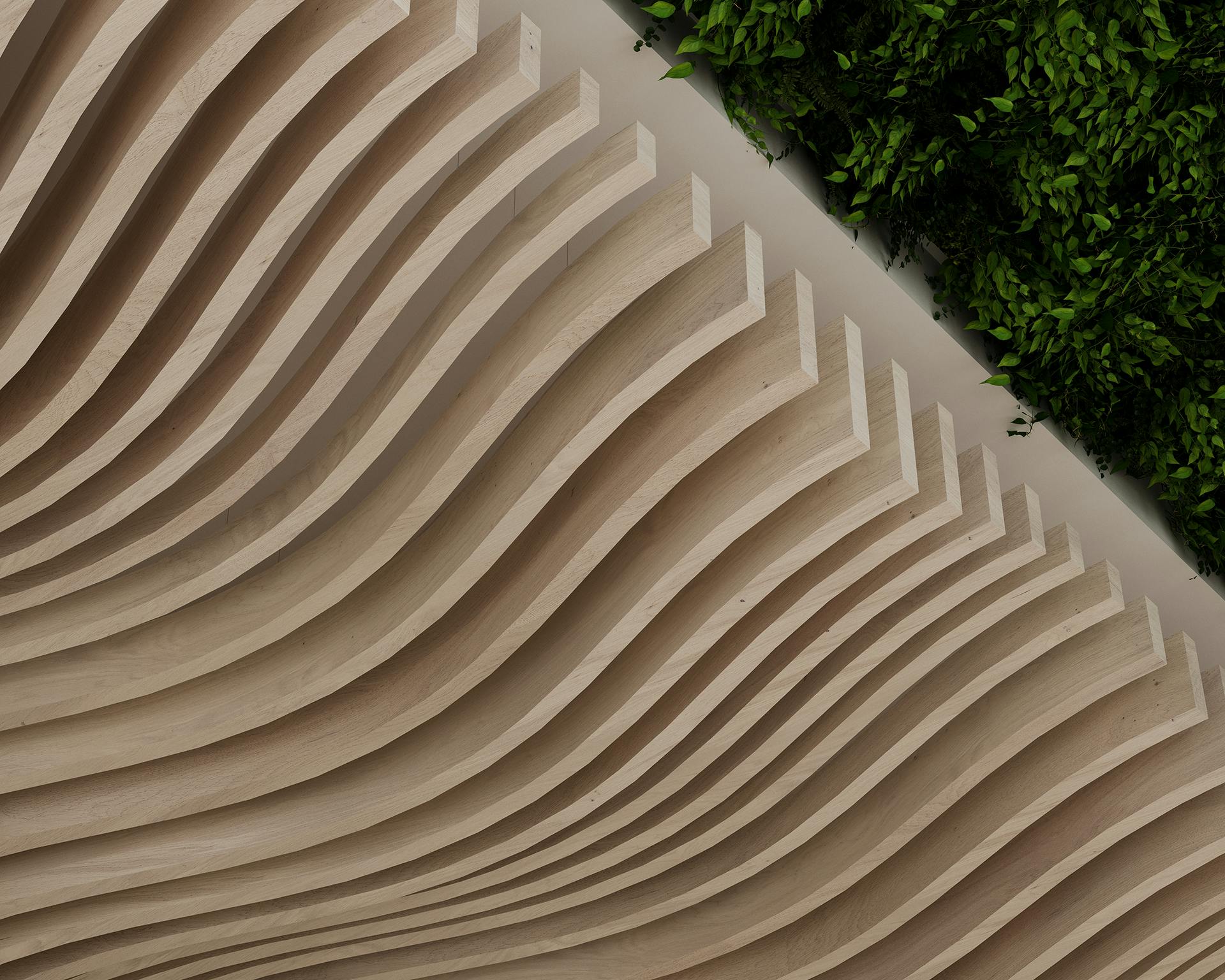 A modern architectural detail showcasing a series of curved wooden slats arranged in parallel rows, creating a wave-like pattern reminiscent of billowing clouds. The upper right corner features a lush green plant wall, adding a natural contrast to the sleek wooden design.