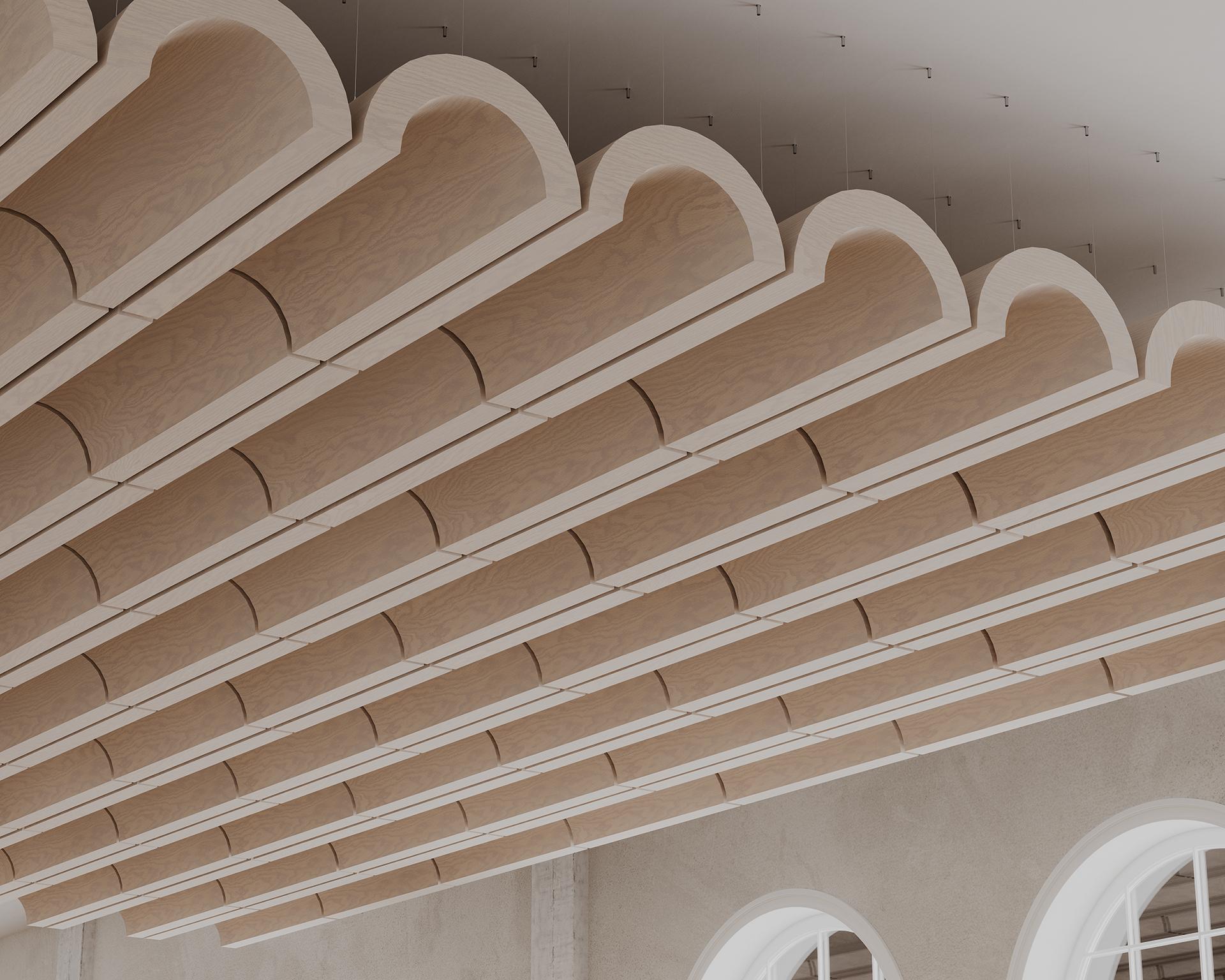 A modern architectural ceiling design featuring multiple curved, woodgrain acoustic felt clouds arranged in a repeating pattern, extending across the space. The walls are light-colored with arched windows visible in the background.