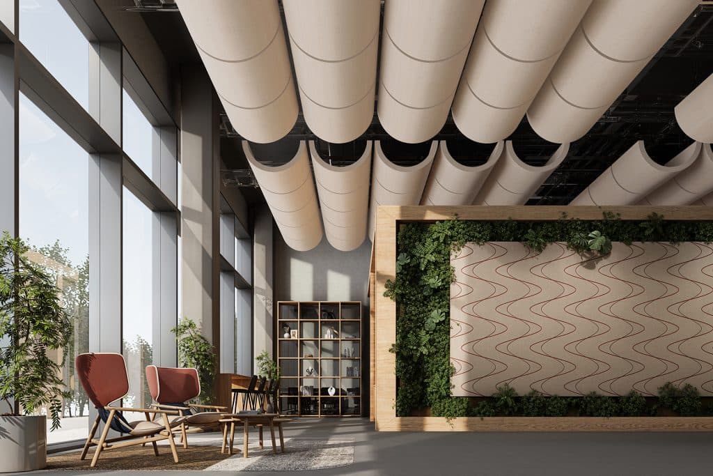 A modern interior with large windows, wooden shelves, and green plants. Two red chairs and a coffee table are placed beside a wooden wall featuring wave-patterned artwork and vertical greenery. The ceiling has a series of curved acoustic felt clouds. Light floods the space.