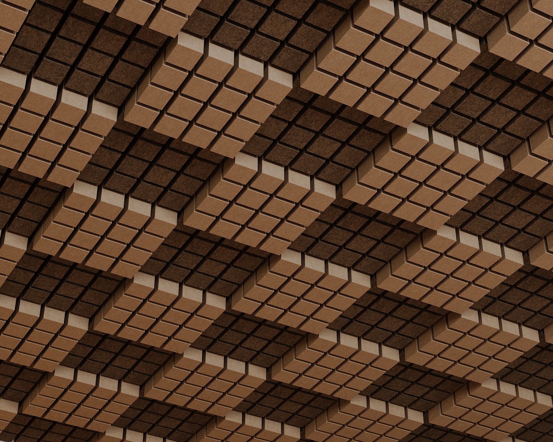 A visually striking pattern of three-dimensional acoustic felt cubes arranged in a grid formation, with shades of brown creating a geometric, optical illusion effect. The cubes appear to be protruding and recessed, giving a textured and dynamic appearance.