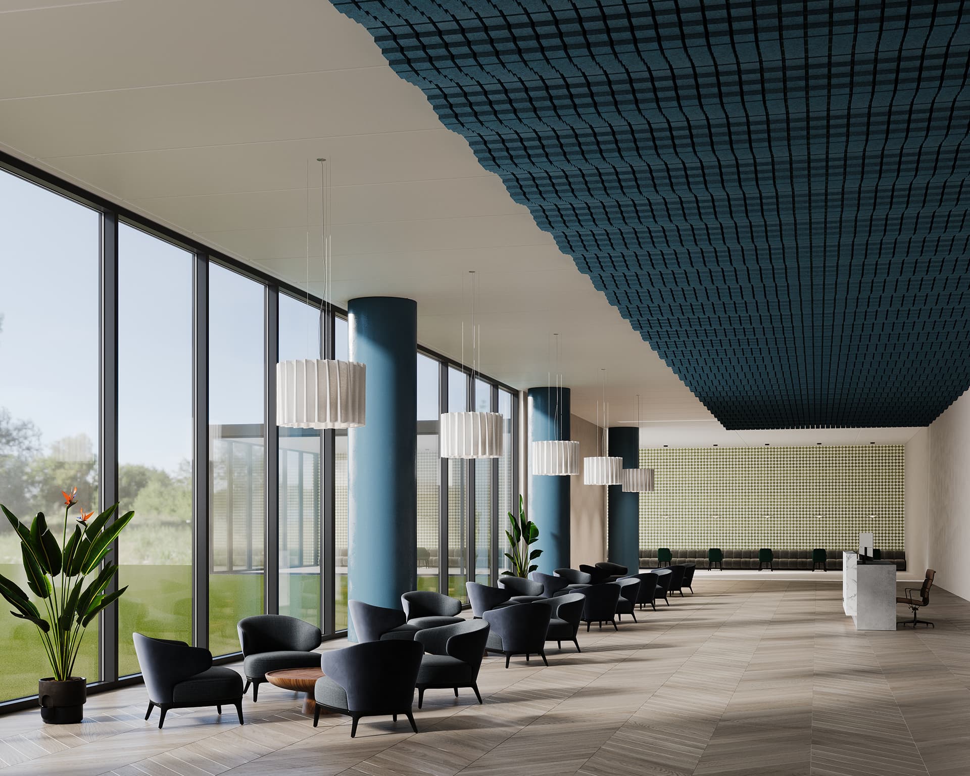 Modern lobby with large windows, allowing ample natural light. The room features dark blue seating, potted plants, and a geometric blue acoustic felt ceiling design. White pendant lights, light wood flooring, and a reception desk in the background enhance the contemporary ambiance.