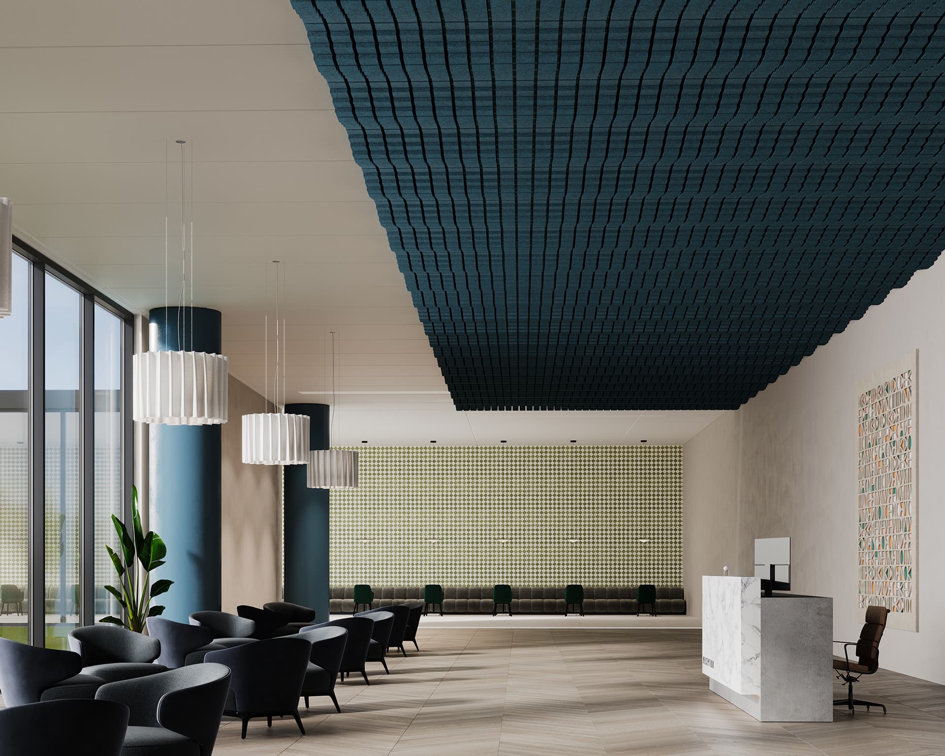 A modern lobby with high ceilings, featuring dark blue acoustic felt frames on the ceiling. The space has large windows, white hanging light fixtures, dark upholstered chairs, and a marble reception desk. A plant and wall art add decorative elements to the minimalist decor.