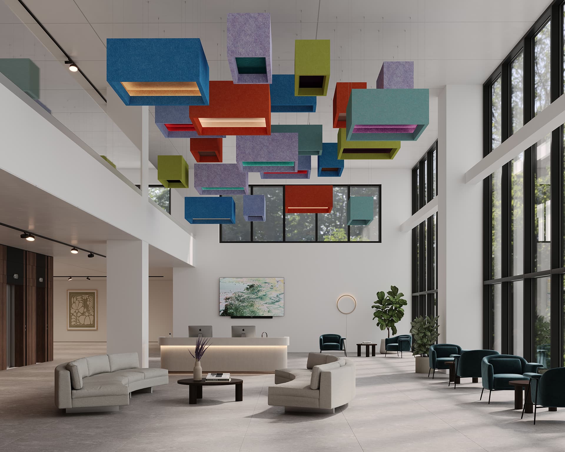 A modern lobby featuring white walls, a high ceiling, and large windows letting in natural light. Colorful rectangular acoustic felt ceiling clouds hang above. The space includes a beige seating area, a reception desk, a plant, and artwork on the walls.