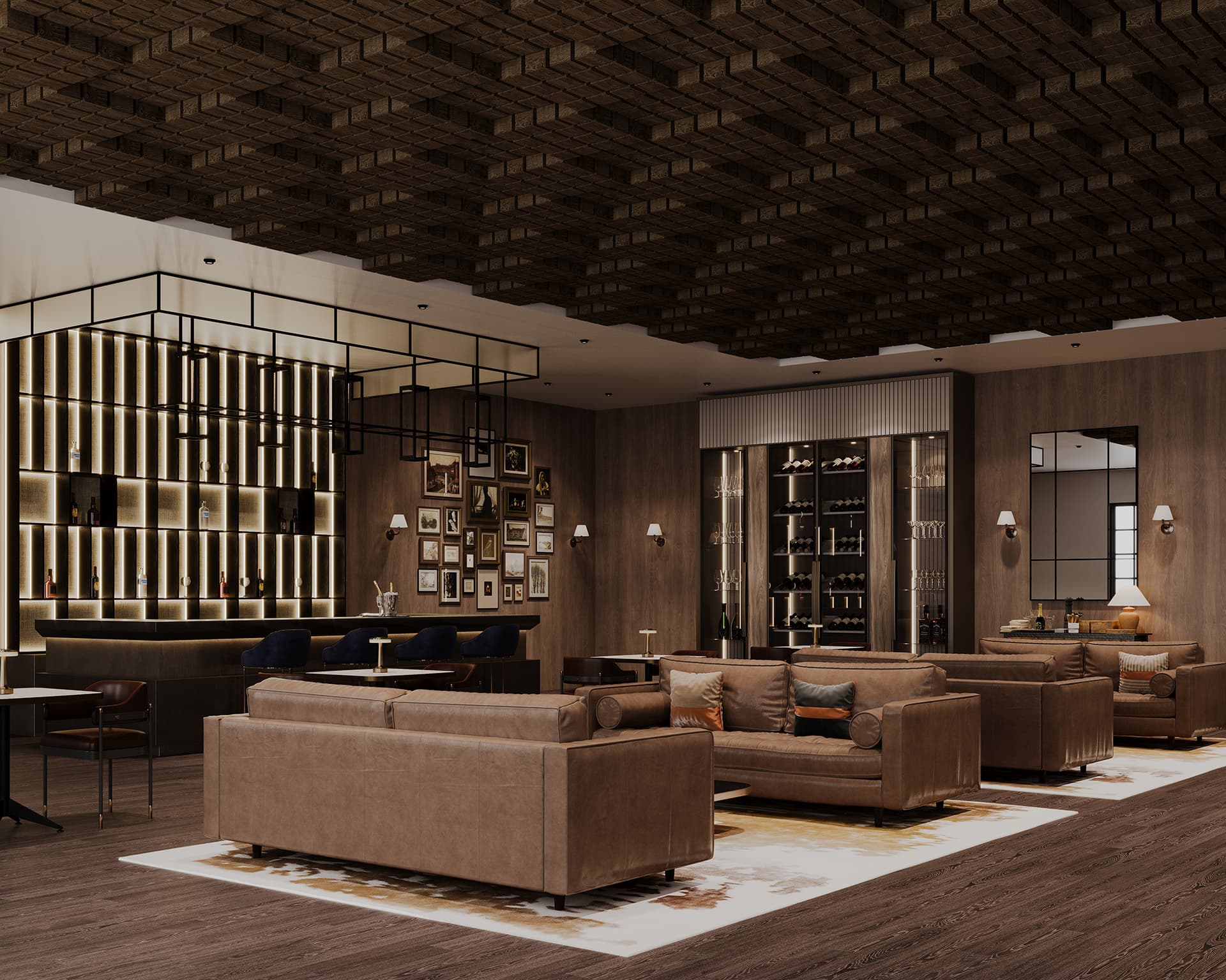 A stylish lounge area features leather sofas, modern decor, and warm lighting. A sleek bar with shelves of bottles and glasses is in the background. The ceiling has a textured, brick-like acoustic felt design, and framed pictures adorn the wooden walls.