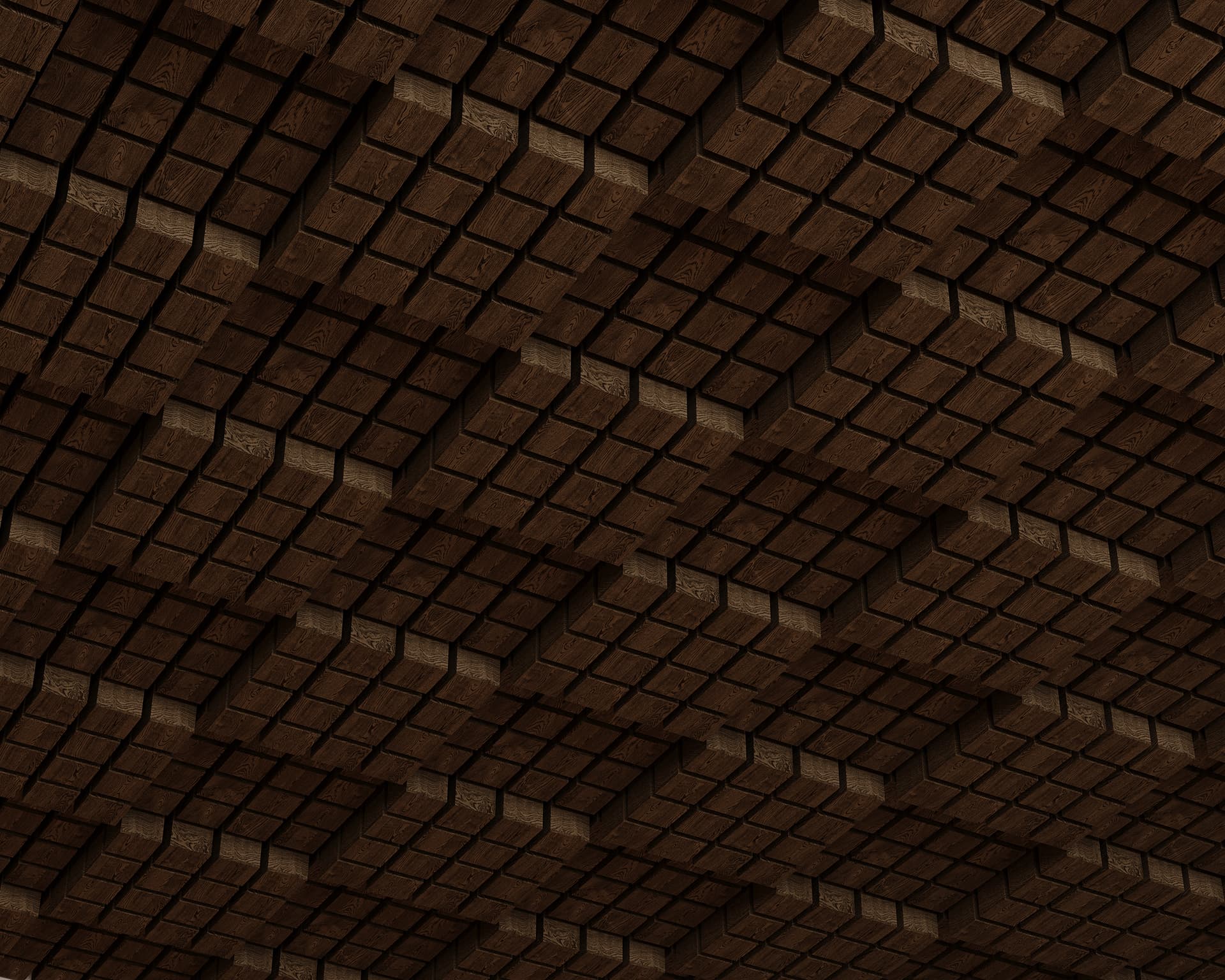 A close-up of a geometric wall pattern consisting of repetitive, three-dimensional, rectangular acoustic felt blocks that create an intricate, grid-like structure. The material appears to be dark wood, and the perspective makes it look like the blocks protrude outward.