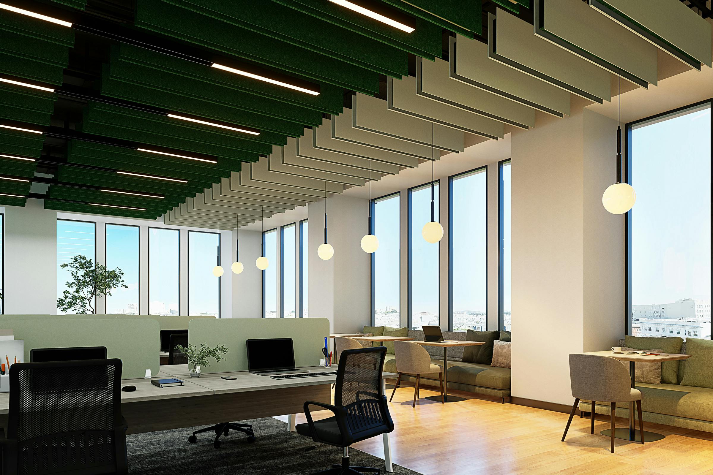 Modern office space boasting sleek design with hanging orb lighting, expansive windows offering ample natural light, and a stylish blend of workstations and casual seating areas under an artistic ceiling layout.