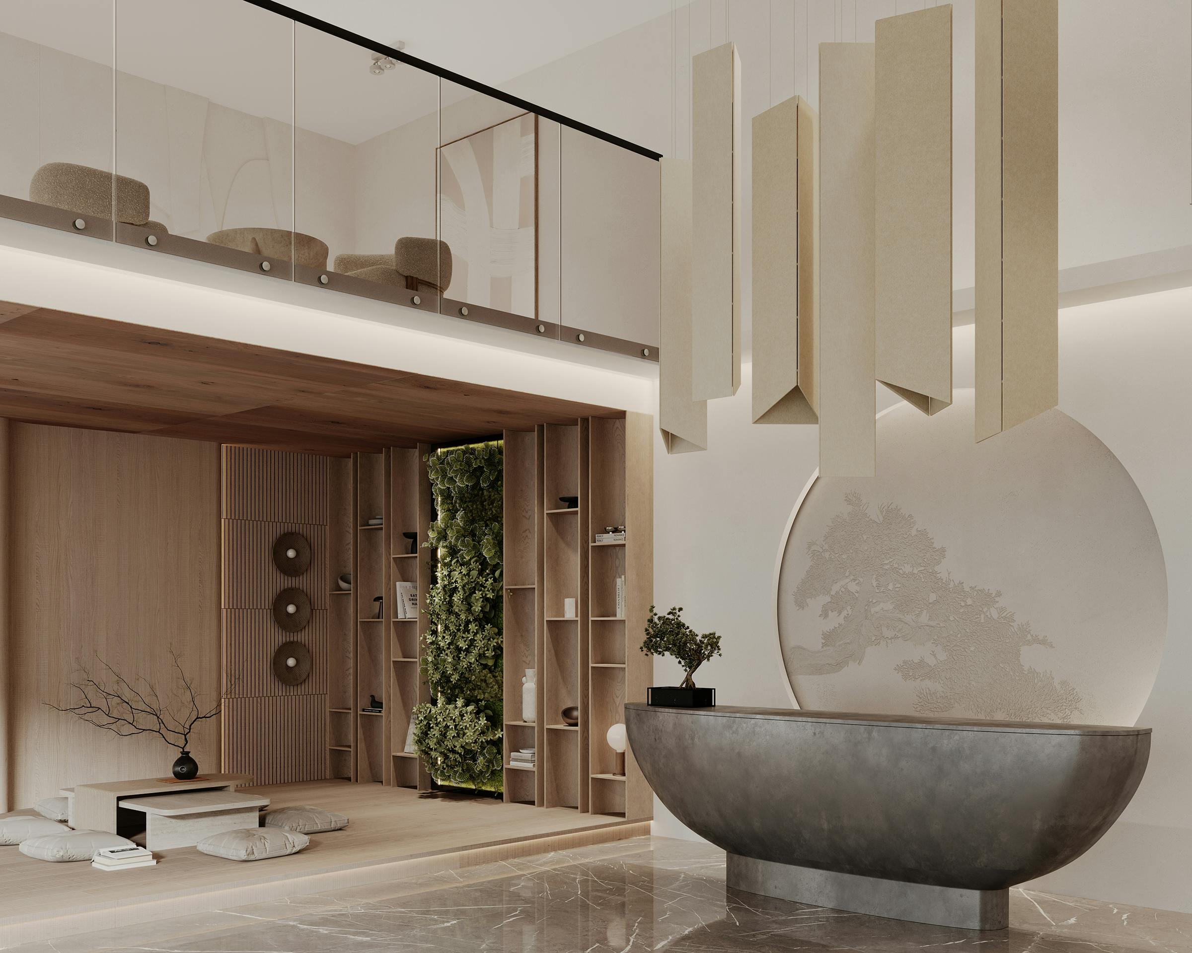 Modern zen-inspired bathroom with a large, round stone bathtub as the centerpiece, surrounded by wooden elements, greenery walls, and hanging geometric pendant clouds, creating a serene and naturalistic space.
