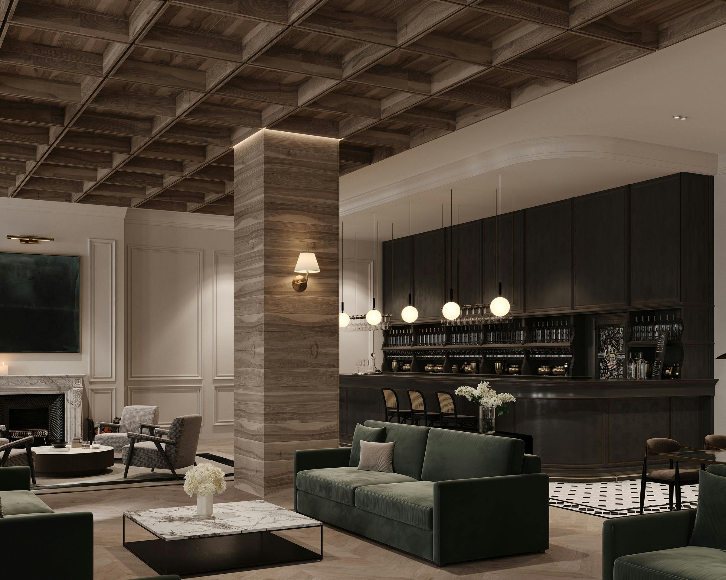 Elegant hotel lobby featuring dark wood accents, a plush green sofa, marble columns, and a sophisticated bar area with stools under soft acoustic grid ceiling. A cozy seating area with a fireplace adds warmth to the room.
